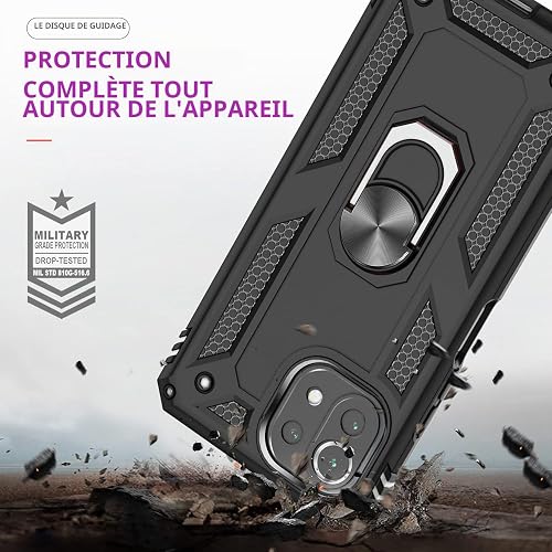 LeYi Cover per Xiaomi 11 Lite 5G NE/Xiaomi Mi 11 Lite 5G/4G con [2 Vetro Temperato], anello di supporto militare anti-caduta rinforzato difesa antiurto TPU morbida e PC rigida protezione custodia nera - 6