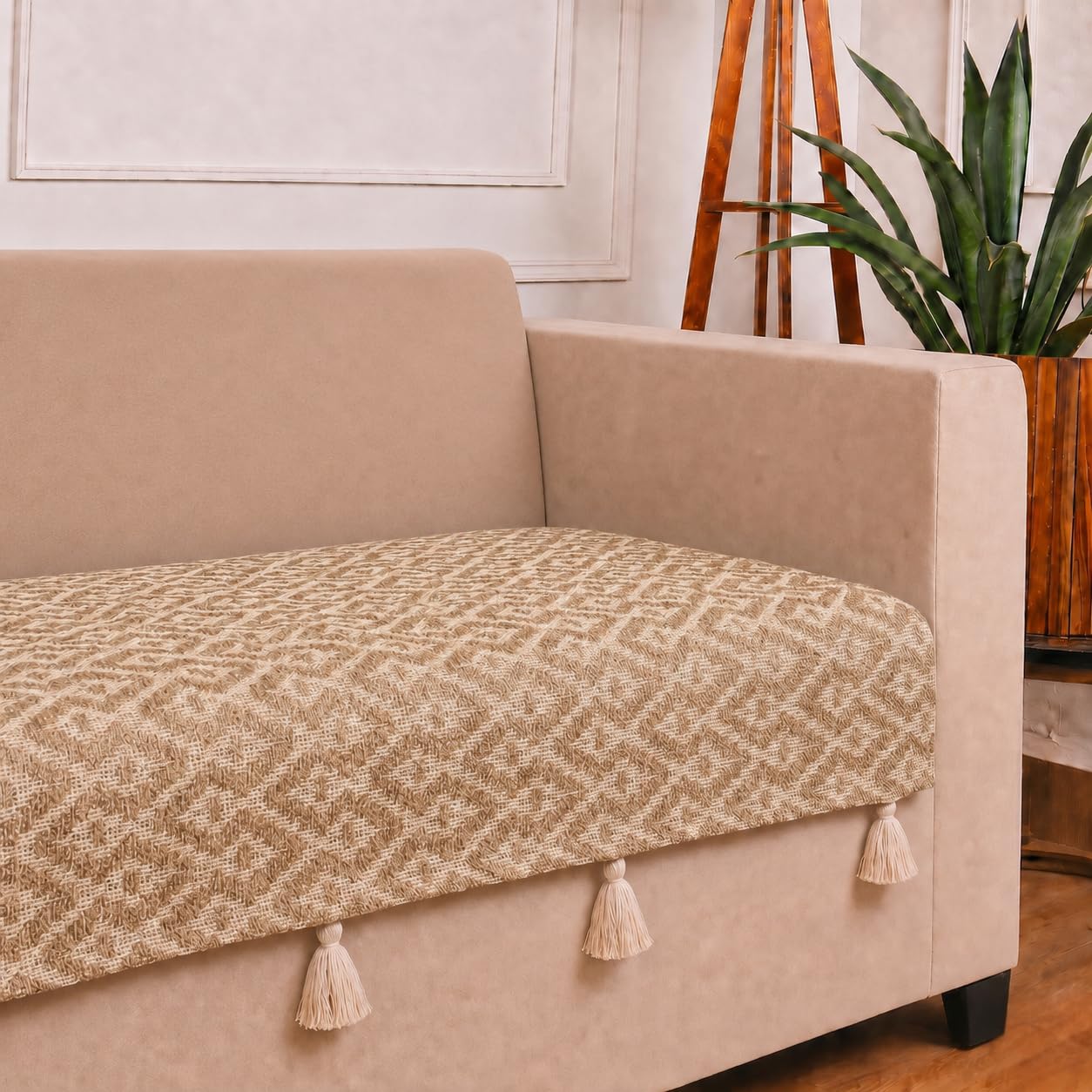 STITCHNEST 'Nomad Weave Collection' 2 Seater Sofa Cover| Elegant Jacquard Fabric, Decorative Tassels, Washable & Durable for Modern Living