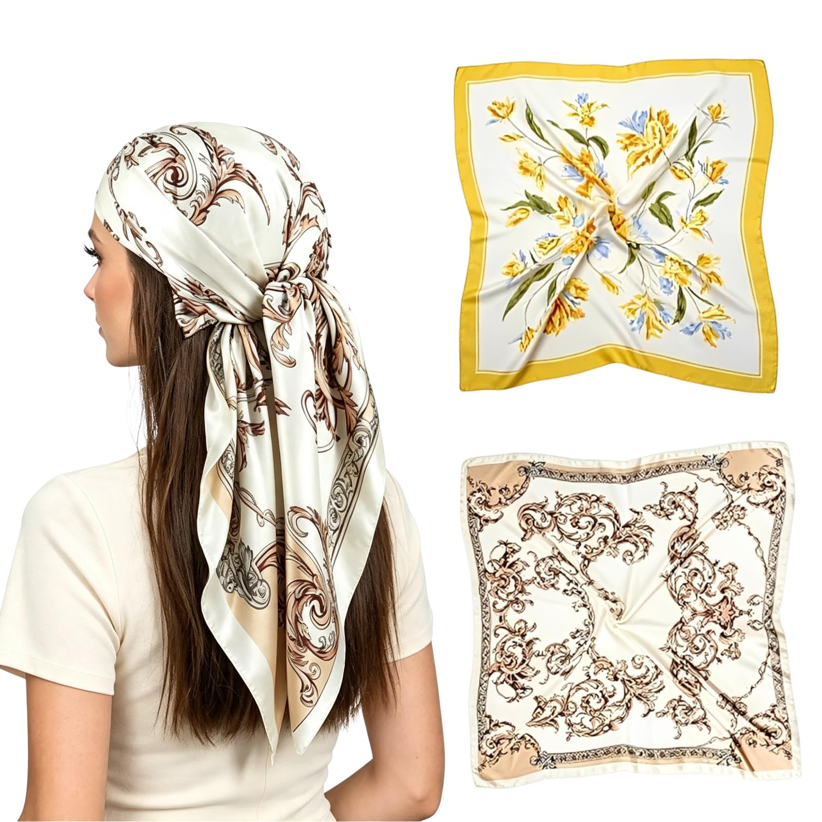 2 PCS Bandanas for Women Head Scarf, Stylish Scarf for Women, Multipurpose Fashion Accessory for Hair Protection and Daily Styling, Includes White and Yellow Scarves in 90x90 and 70x70 Sizes-image-1