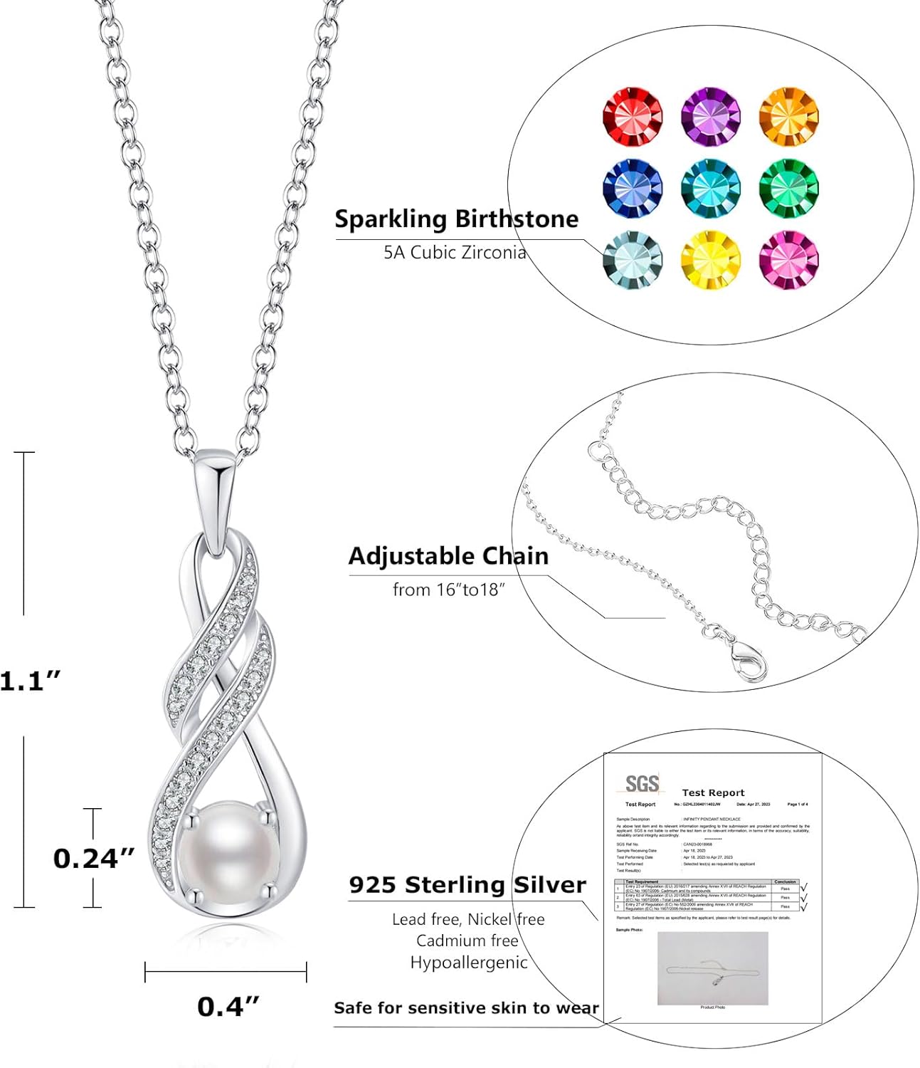 Birthstone Necklaces for Women 925 Sterling Silver Infinity Pendant Created Gemstone Jewelry for Her, 16"+2" - Image 5