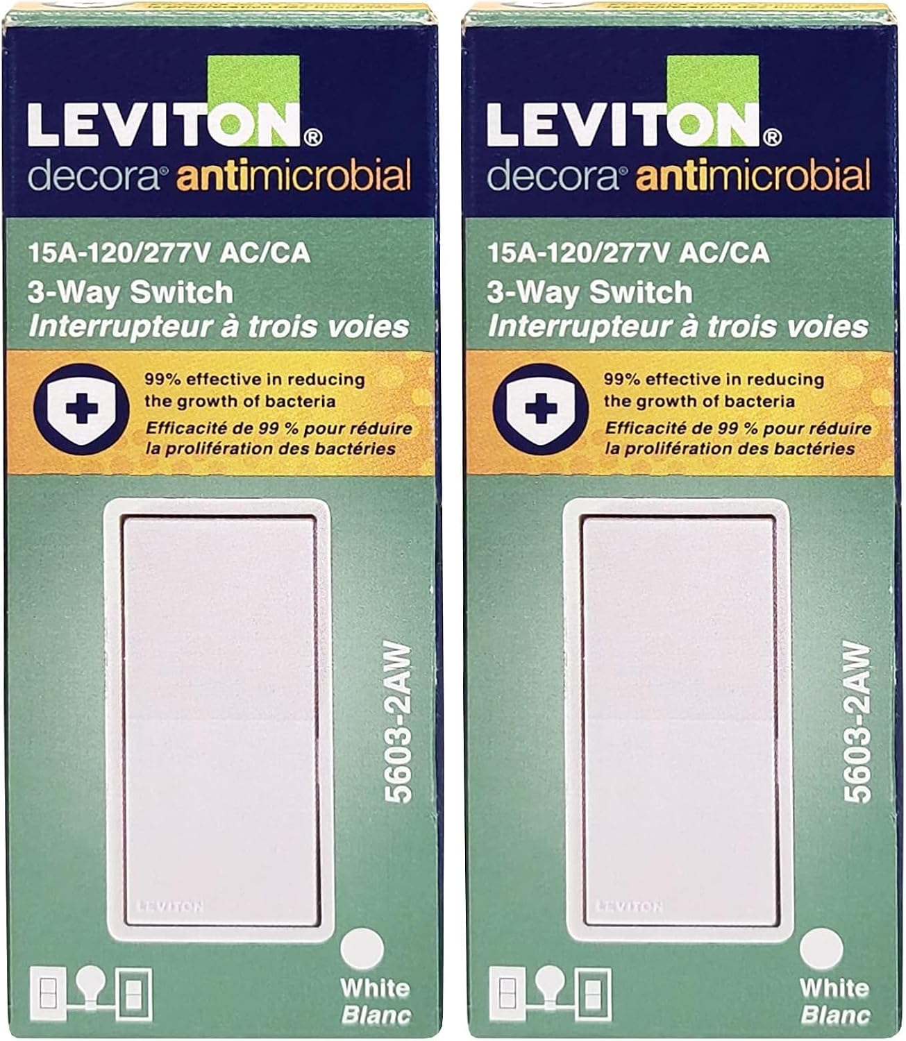 Leviton Antimicrobial 15 Amp 120/277V Decora Rocker 3-Way AC Quiet Switch, 5603-2AW, White