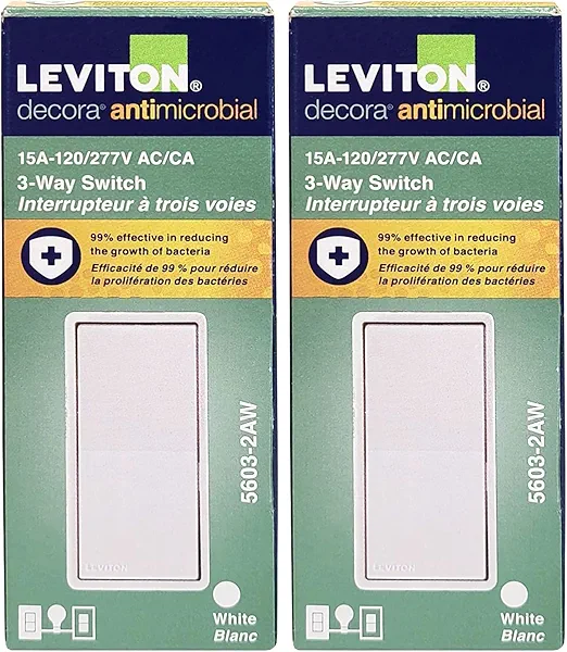 Leviton 5603-2AW Antimicrobial 15Amp 120/277V Decora Rocker 3-Way AC Quiet Switch, White, 1 Count (Pack of 2)