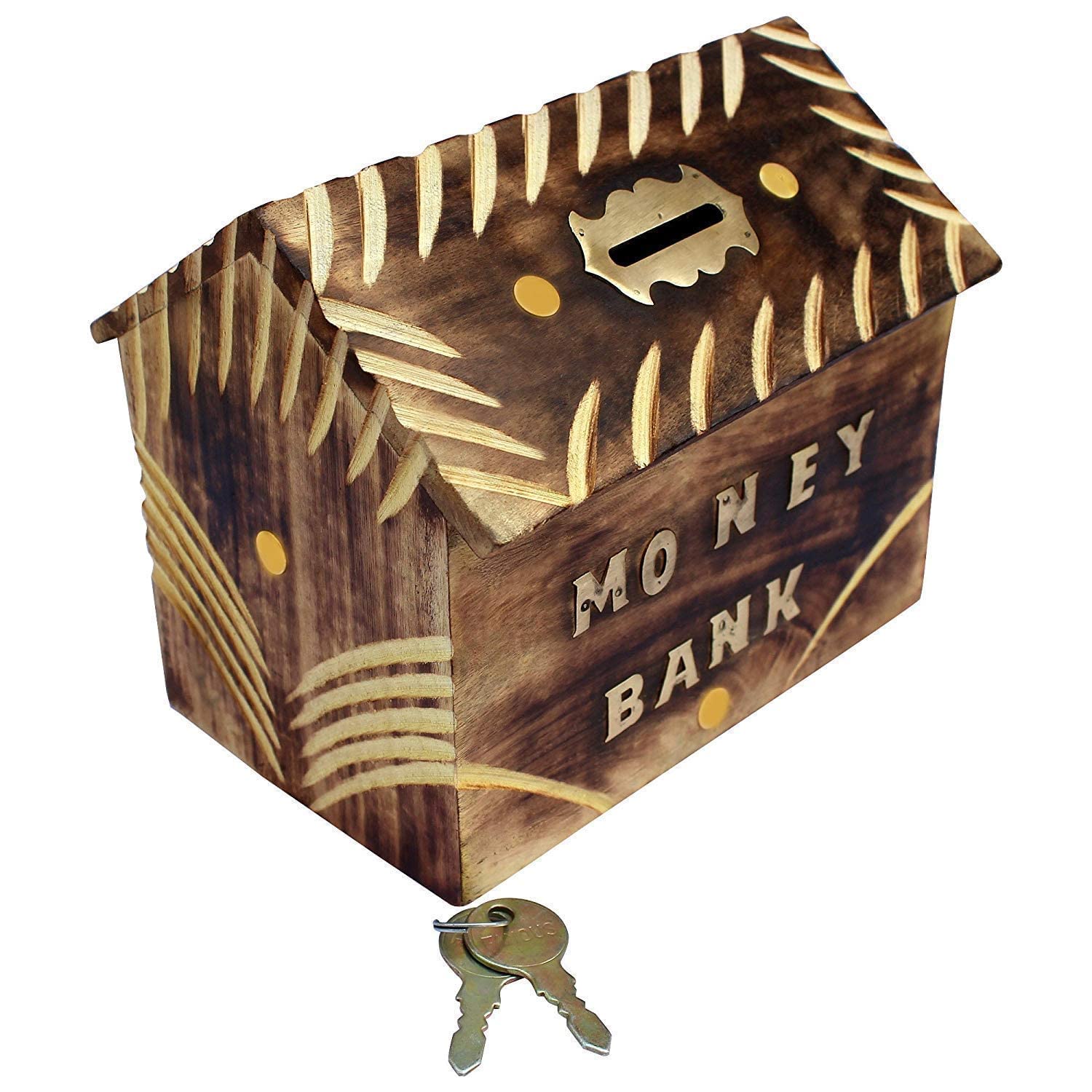 CLASSIC WOOD CARVER Wooden Retro Piggy Bank with Lock and Keys, Coin Box Money Case Safe Money Box, Birthday Gifts for Kids Adult - Handmade