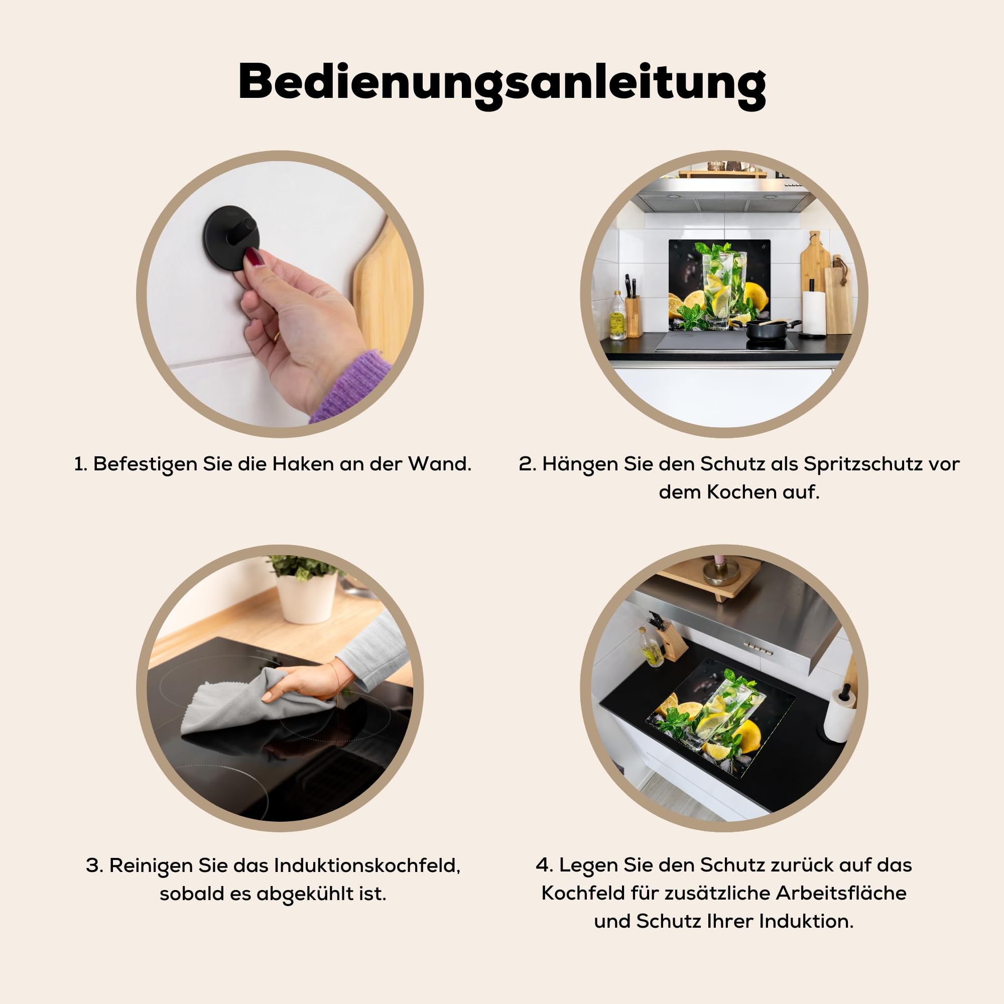 KitchenYeah© Spritzschutz Herd Küchenrückwand Vinyl 60x52 cm Küchen Zubehör Küchenwand, Herdabdeckplatten für Ceranfeld Wasser - Glas - Zitrone - Minze