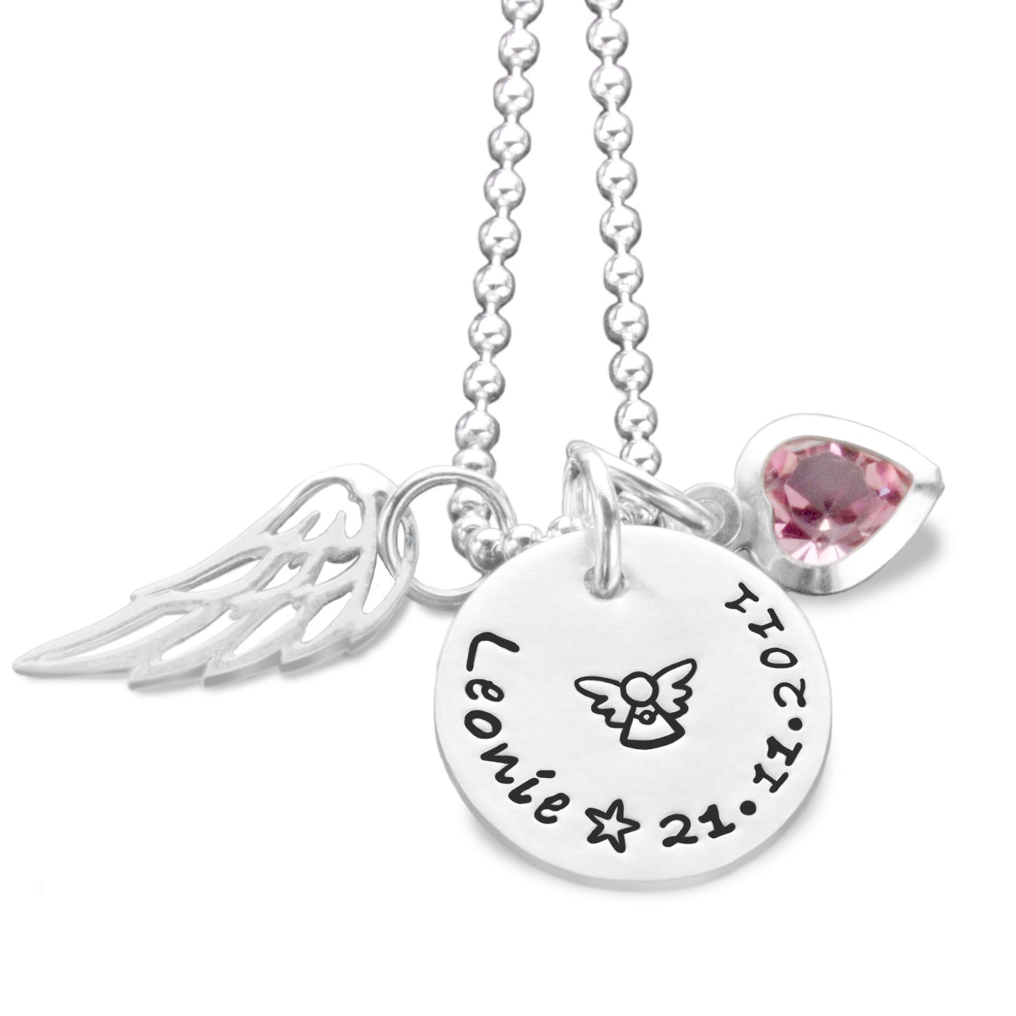 Taufkette Engelsflügel mit Gravur Mädchen personalisiert Taufgeschenk ENGELSGLEICH 925 Silberkette Taufschmuck Gravur Engel Name Datum Kristallherz