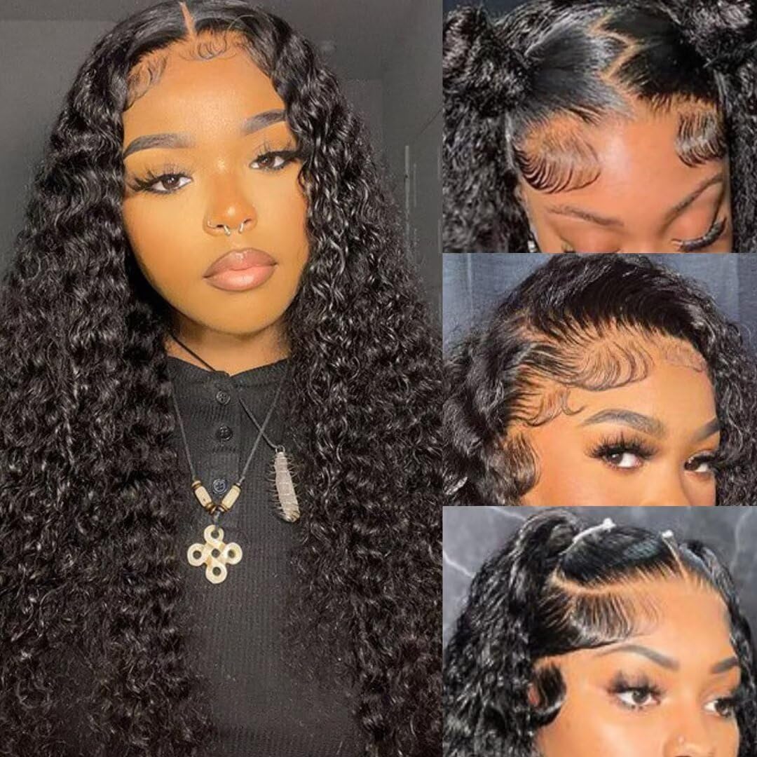 Deep Wave Lace-Front-Perücke, Echthaar, 33 x 10 cm, HD, transparent, Lace-Frontal, lockig, für Damen, Echthaar, 180% Dichte, klebefrei, Echthaar, vorgezupft mit Babyhaar, natürliche Farbe, 56