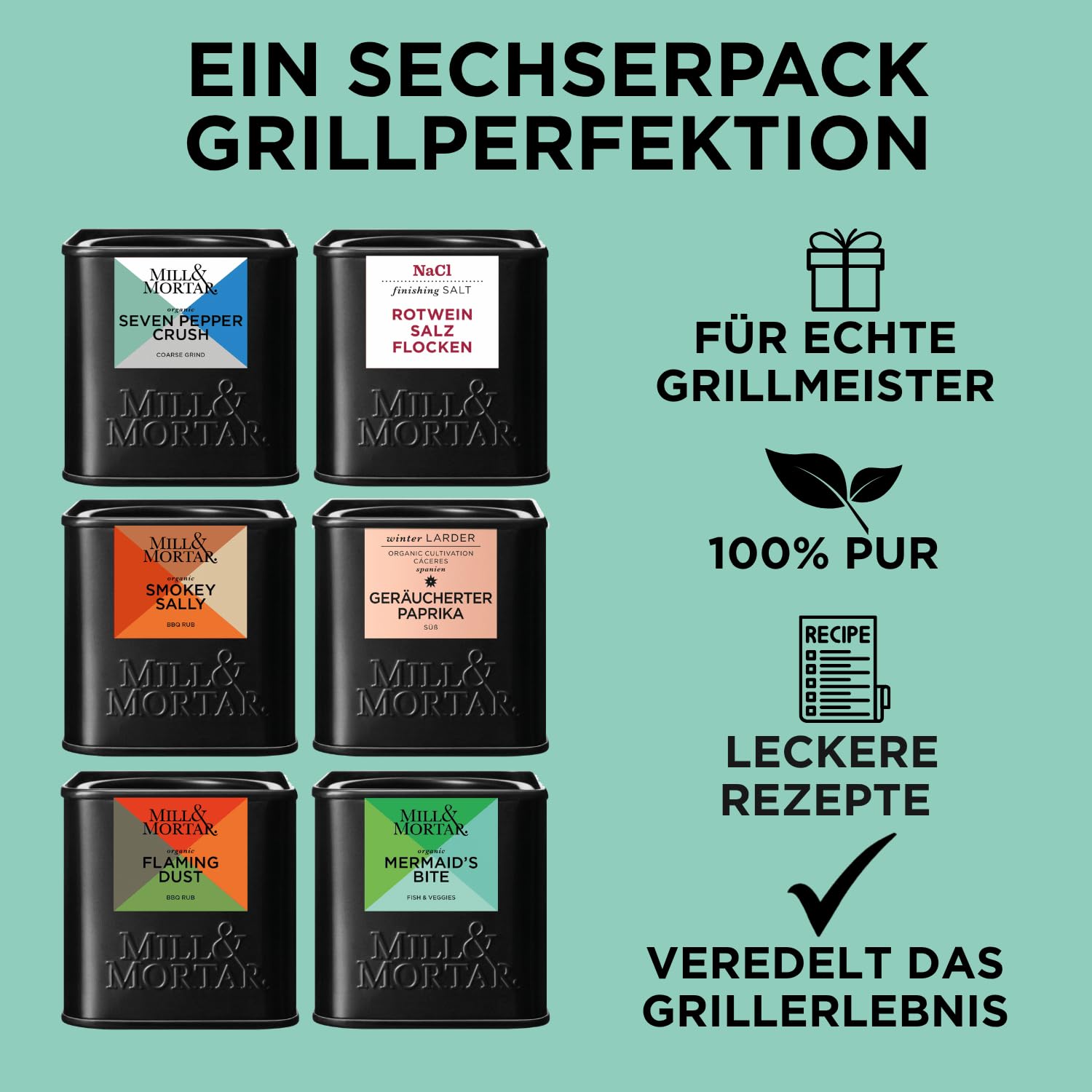 Mill & Mortar BIO Grillgewürz-Geschenkset, 6 Gewürze für BBQ | Smokey Sally, Flaming Dust, Mermaid's Bite, Seven Pepper Crush, Paprika, Rotweinsalz, 4 von 6 Bio, Geschenke für Männer