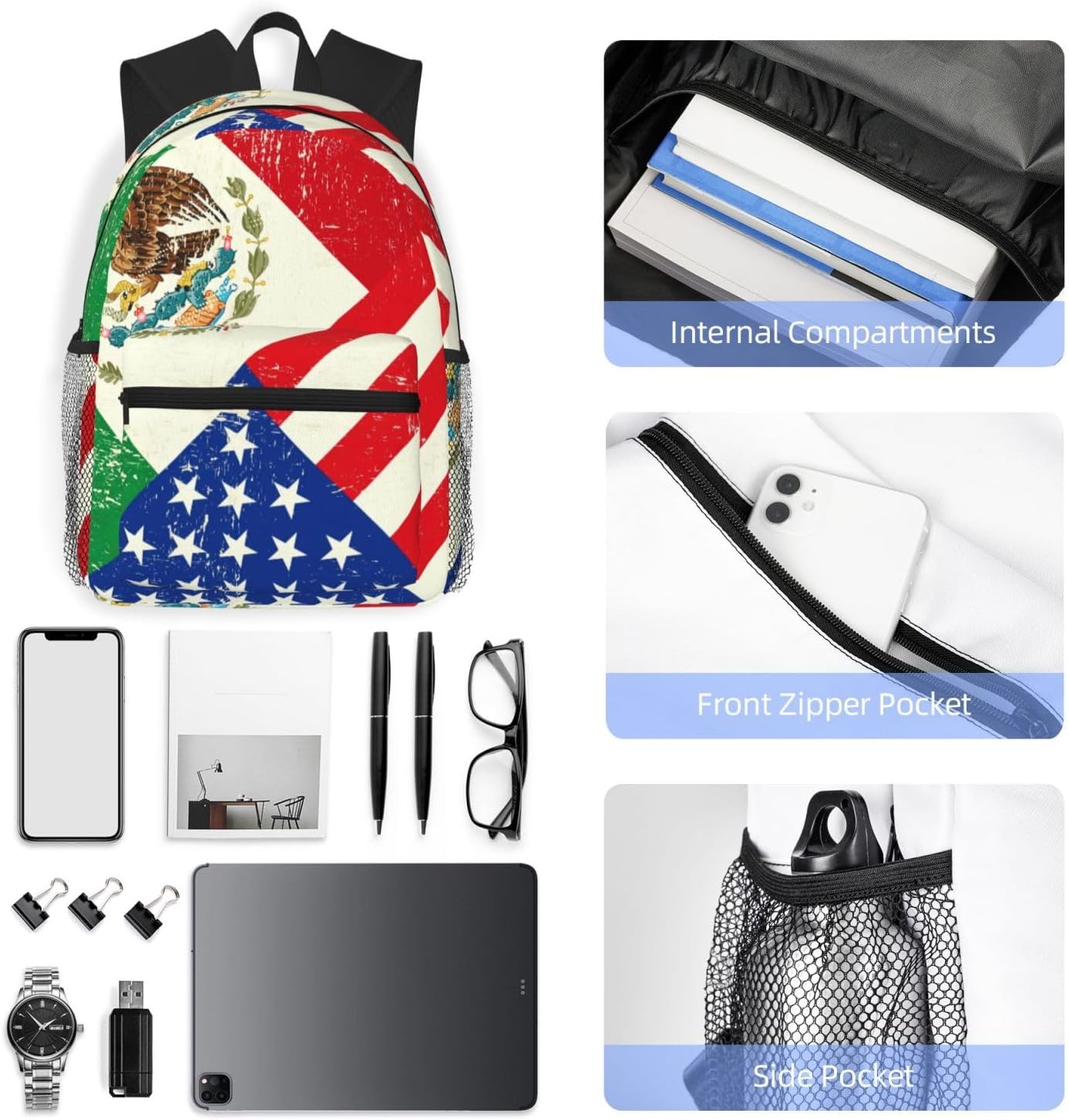 Mexican American Flag Backpack Large Sports Bag, Best for Basketball, Soccer, Volleyball, Swim, Gym, Travel