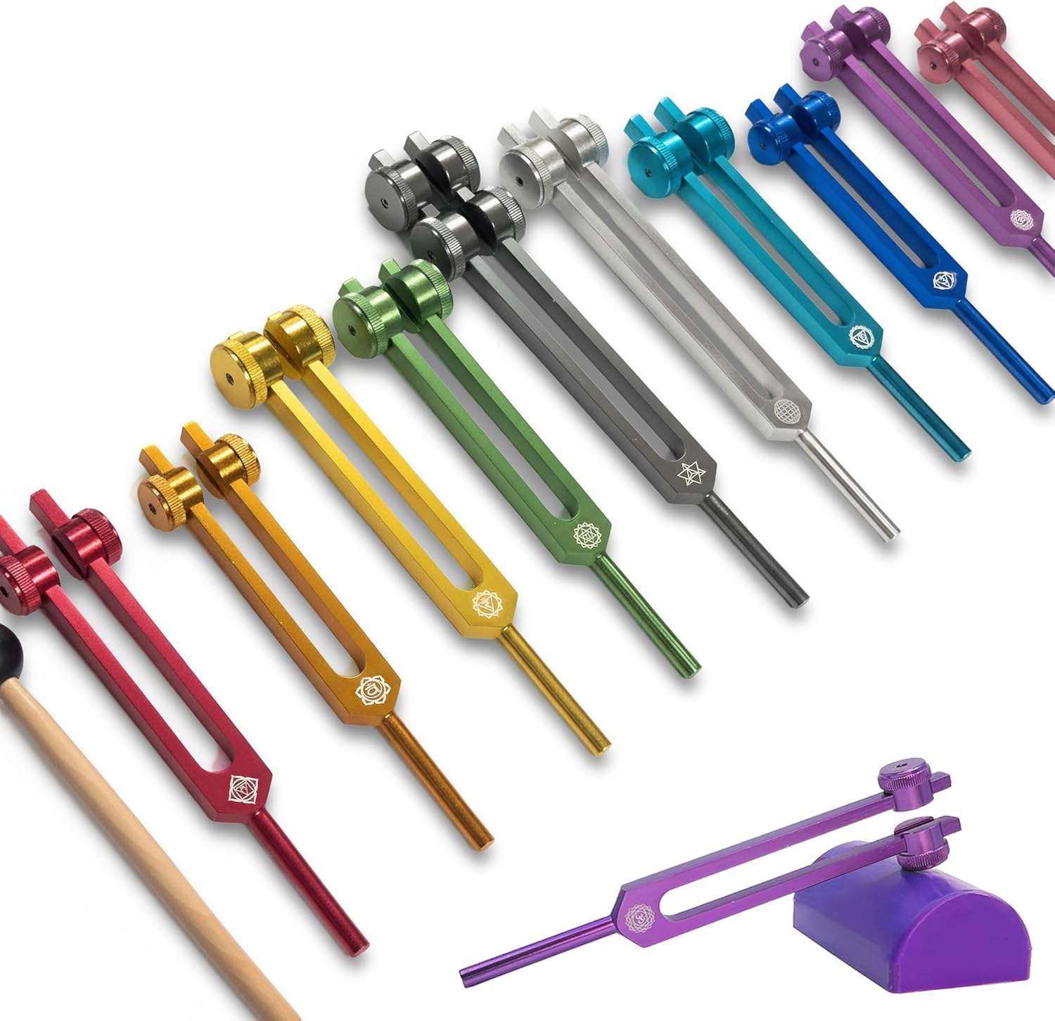 10pc Chakra Tuning Fork Set with Purple Activator – 93.96 Schumann and 68.05 Earth Star Included - Designed for Use with Boot Attachments - Sound Healing and Biofield Harmonization – P.Multicolor