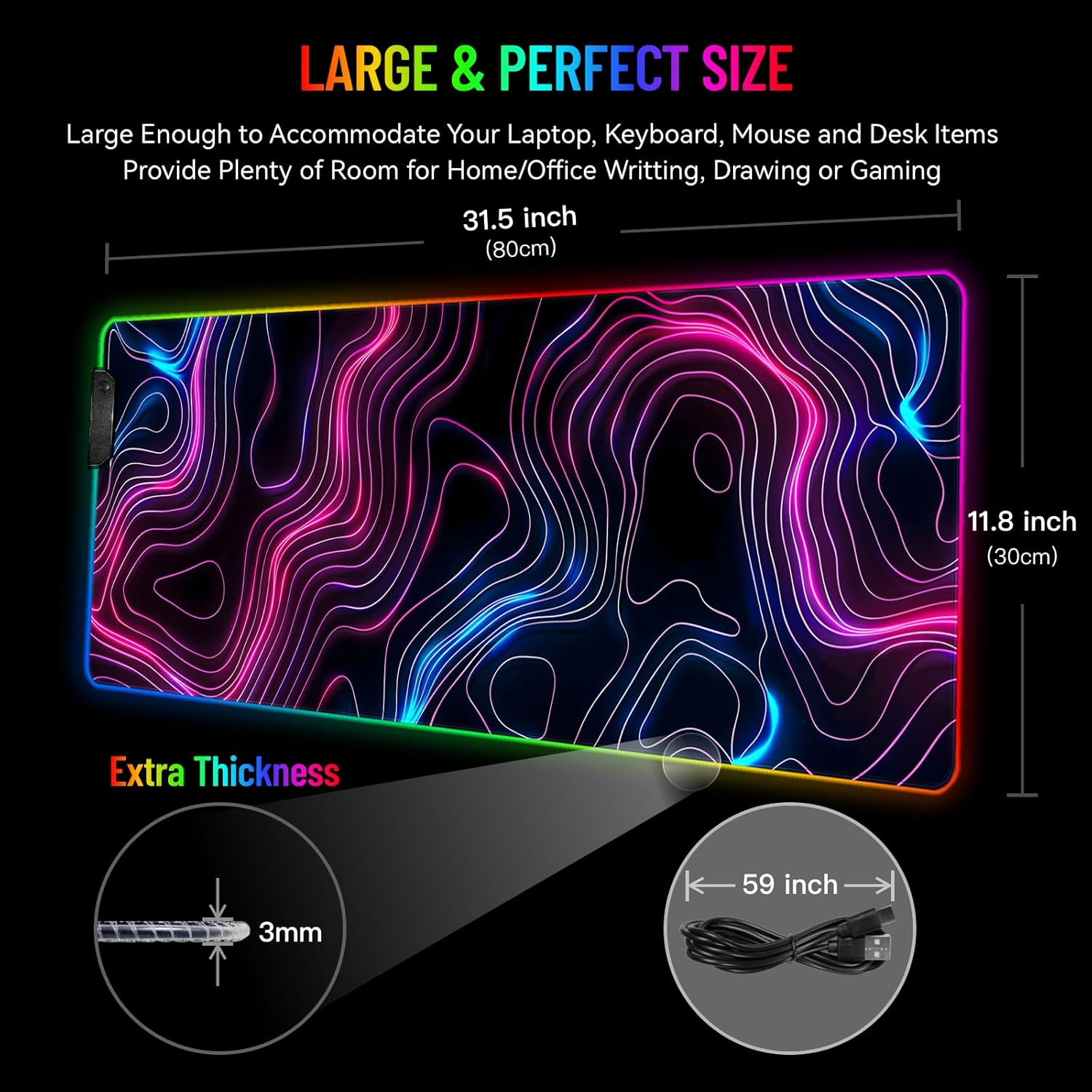 RGB Mousepad LED Desk Mat Gaming Large Keyboard Cute Desktop Computer Laptop 14 Light XXL Long Giant Big Cool Modern Design Unique for Men Boys Gamer Oversized Wide 30x12'' Mousepad, Topo - Image 2