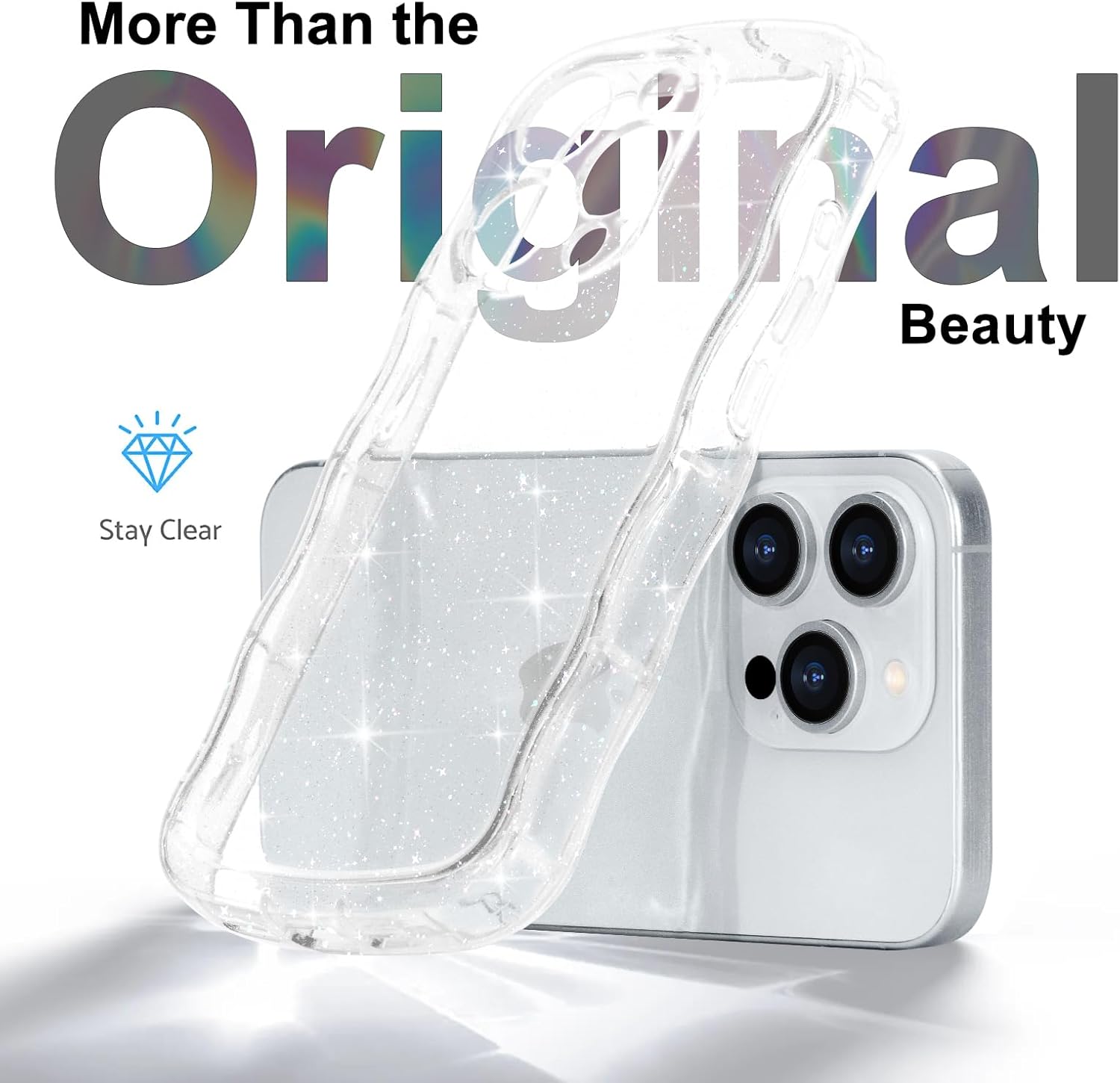 for iPhone 15 Pro Case Clear, Cute Sparkly Bling Glitter Curly Wave Frame Transparent Cover for Women Girls Men Shiny TPU Bumper Drop Protection Shockproof Phone Case for iPhone 15 Pro, Clear - Image 3