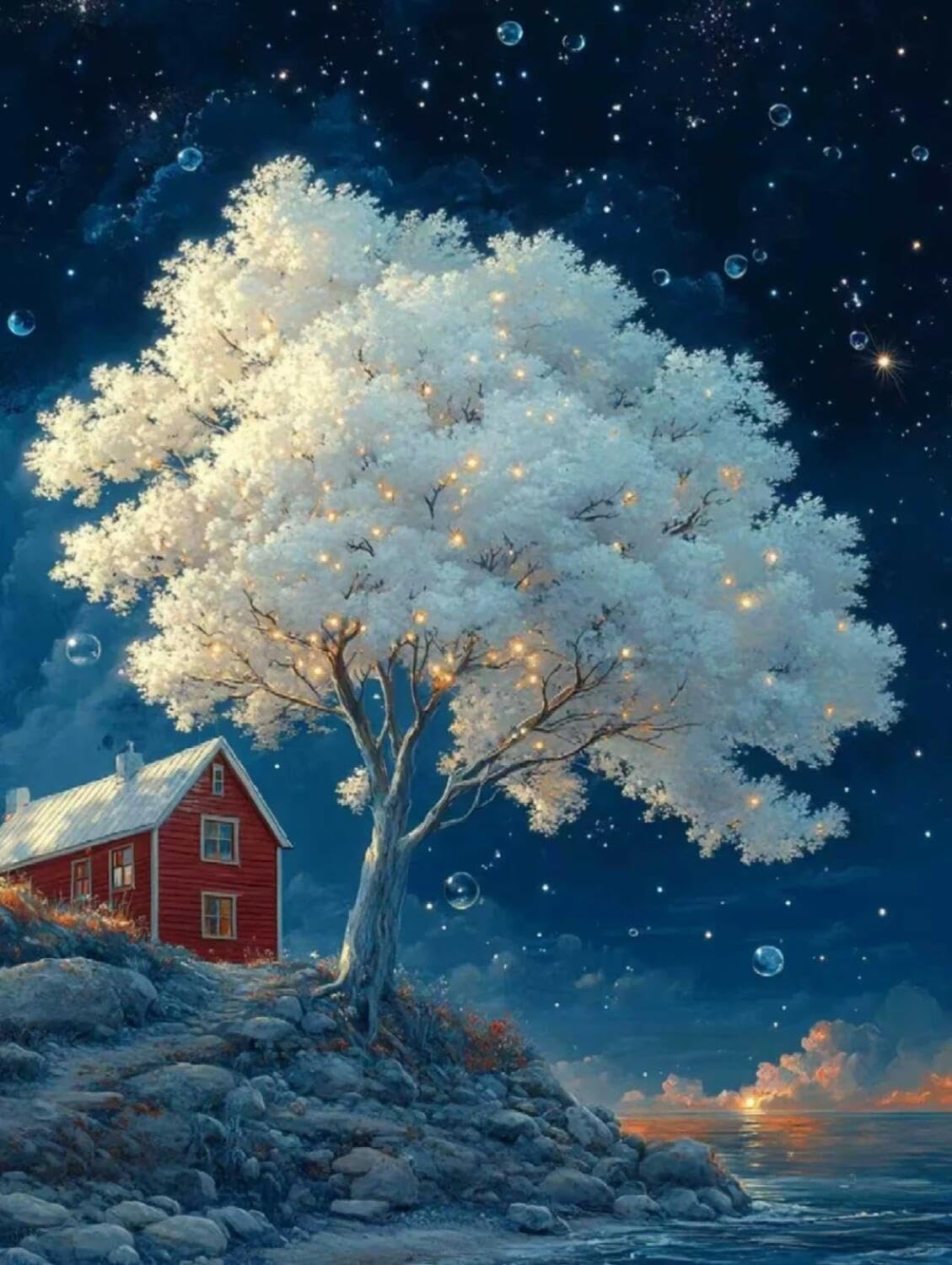 Rqwybcaxn Seed Bead Embroidery Kits Starry Sky and Big Tree 40x50cm