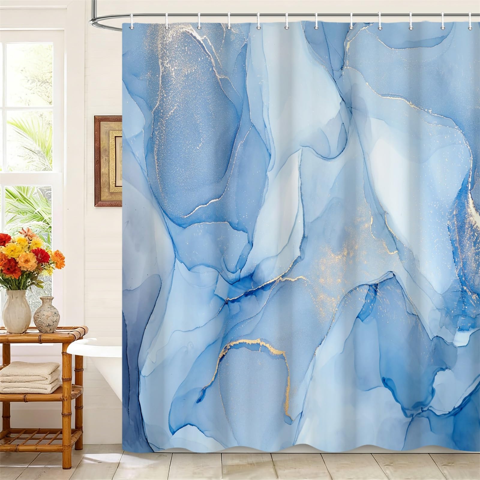 Kzzfqxb 165x180cm Shower Curtains with Plastic Hooks, Waterproof Occluded Blue Marble Texture Golden Silver Lines Waterflow Art Pattern for Bath, Fresh Polyester Fabric for Bathroom Bathtub — image 1