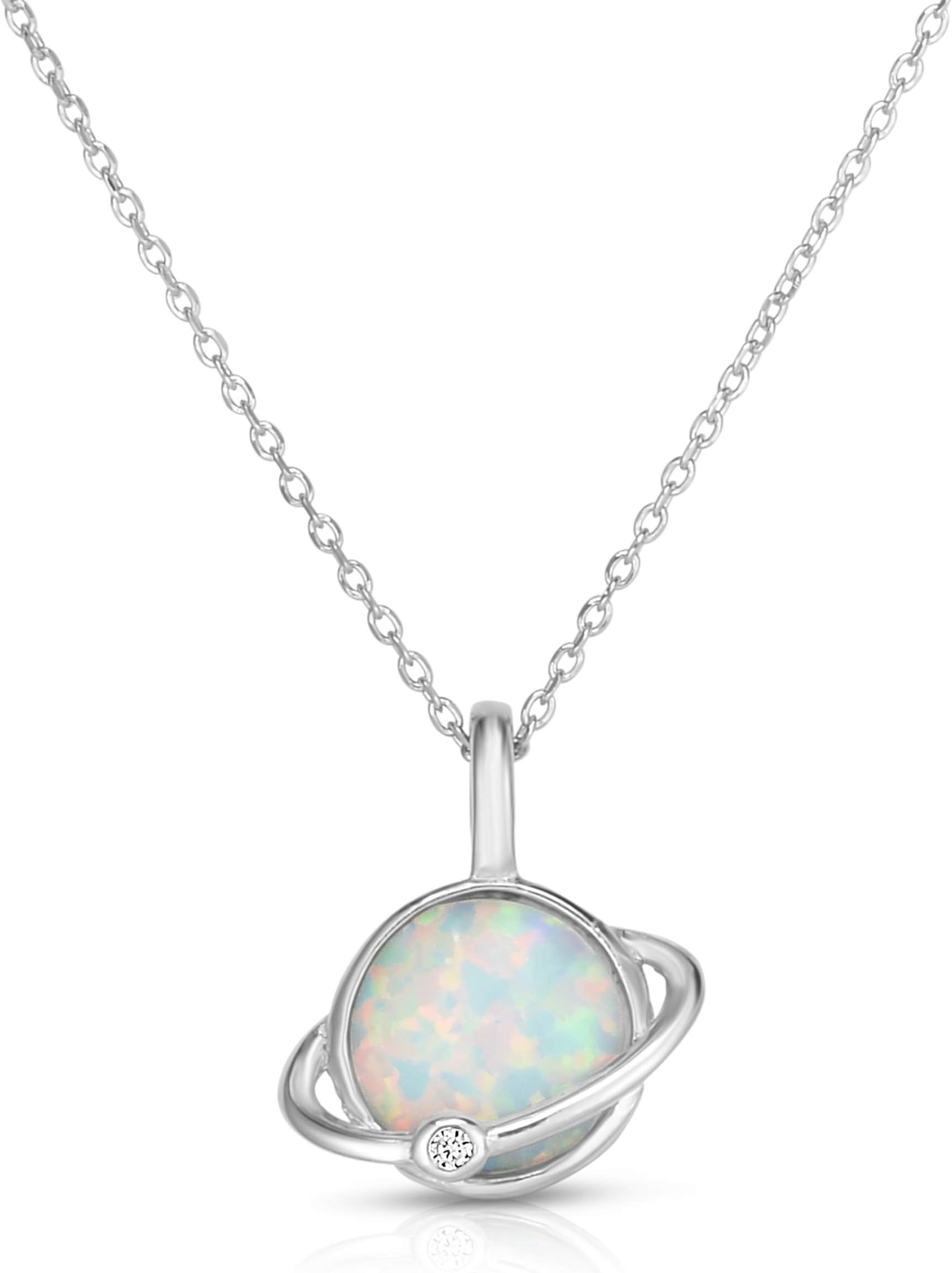 925 Sterling Silver and Cubic Zirconia Created Opal Designer Planet Globe Pendant and Necklace Adjustable to Length of 16",17" or 18" Inch.