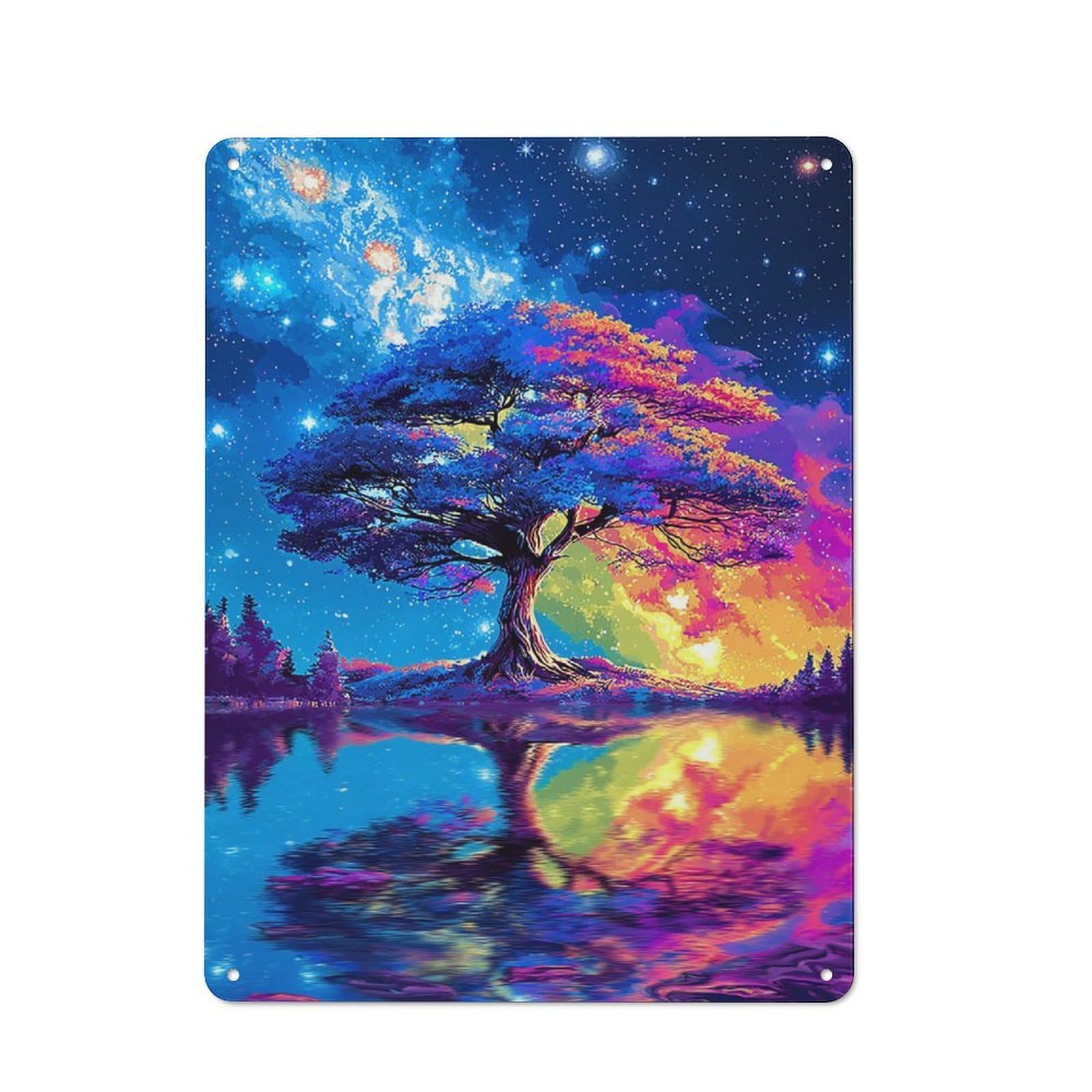 Junmoney Colorful Cosmic Tree Reflection Vintage Tin Sign 40X30cm Featuring For Café Or Home Bar, A Metal Wall Feature For Cafés And Home Bars