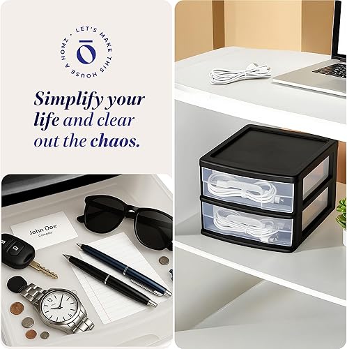 Miniatura 6 de HOMZ Paquete de 2 carritos de almacenamiento de 2 cajones, cajones de plástico transparente, 14.25 pulgadas de ancho, mediano, marco negro,