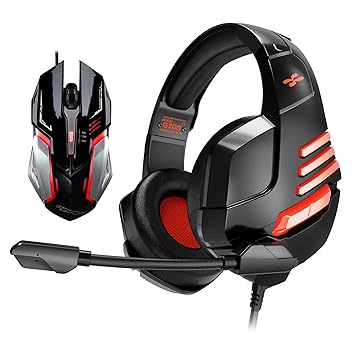 TechGuy4u - Stereo Gaming Headset and Mouse Combo for PS4 PC Xbox One PS5 Controller, Noise Cancelling Over Ear Headphones with Mic, LED Light, Bass Surround, Soft Memory Earmuffs for Laptop Mac Nintendo NES Games