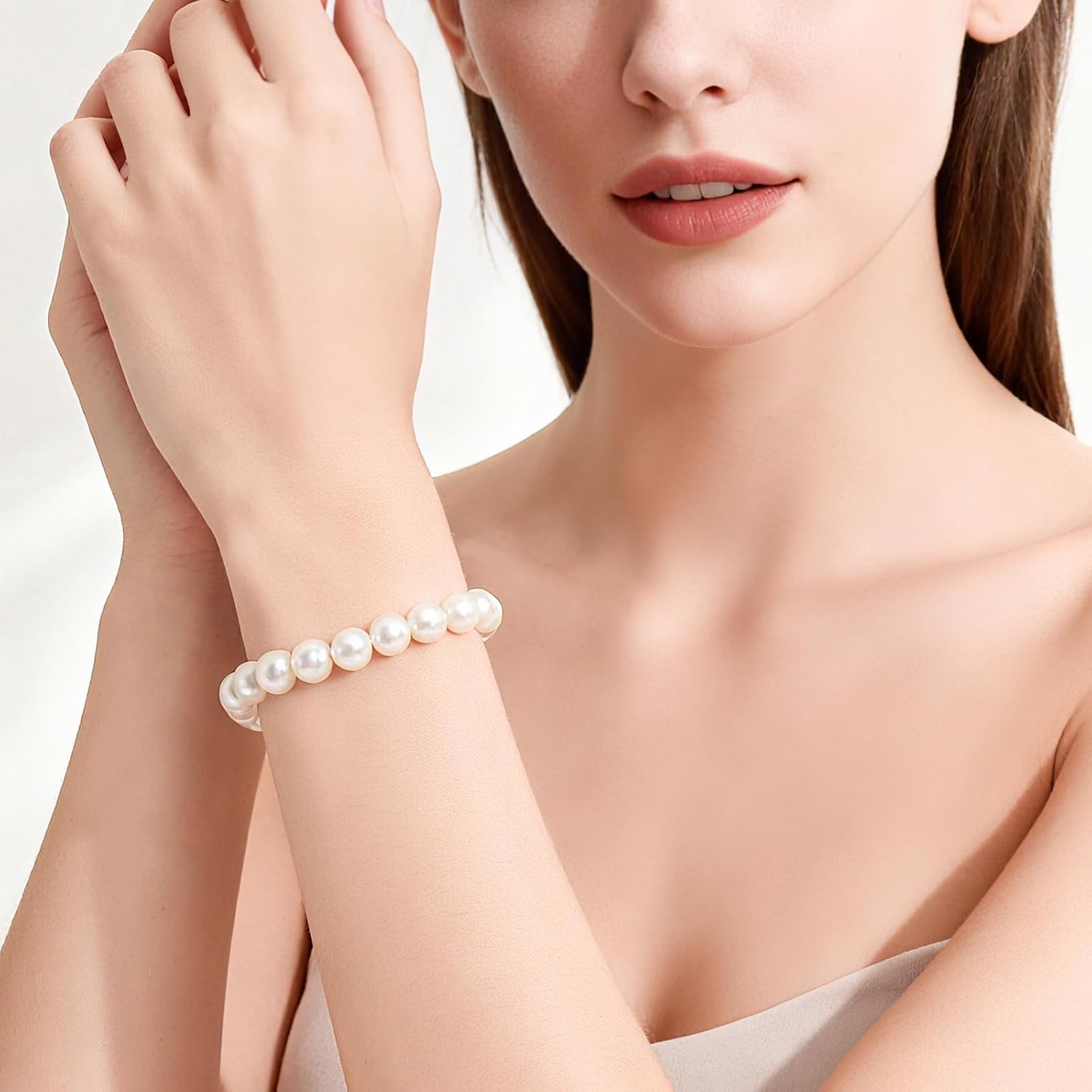 Pearl Stretch Bracelet for Women, 8mm White Beaded Elastic Bracelet Adjustable Trendy Wedding Jewelry Gift - Image 2