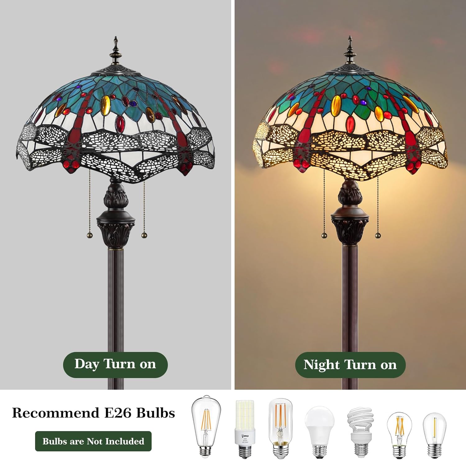 MOAN Floor Lamp Dragonfly Stained Glass Lamp 16X16X64 Inch Standing Reading Light Retro Pole Corner Lighting for Living Room Decor(Green Dragonfly Style)