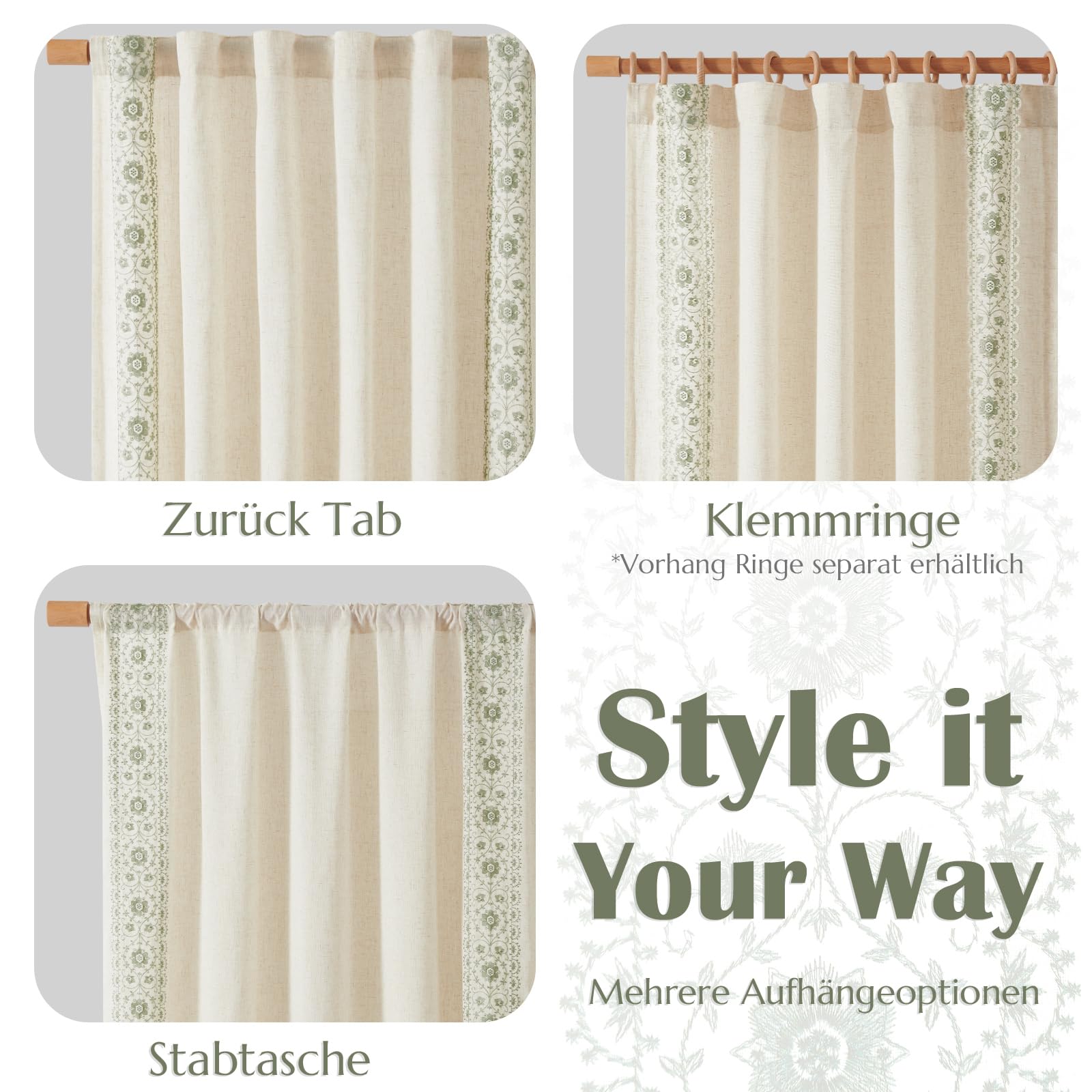 Vangao Gardinen Wohnzimmer mit Stickerei 140B x 245Hcm 2er Set Grün Beige | Boho Vintage Landhausstil Vorhänge mit Verdeckten Schlaufen Leinenoptik Lichtdurchlässig, Vorhang Schlafzimmer Kinderzimmer