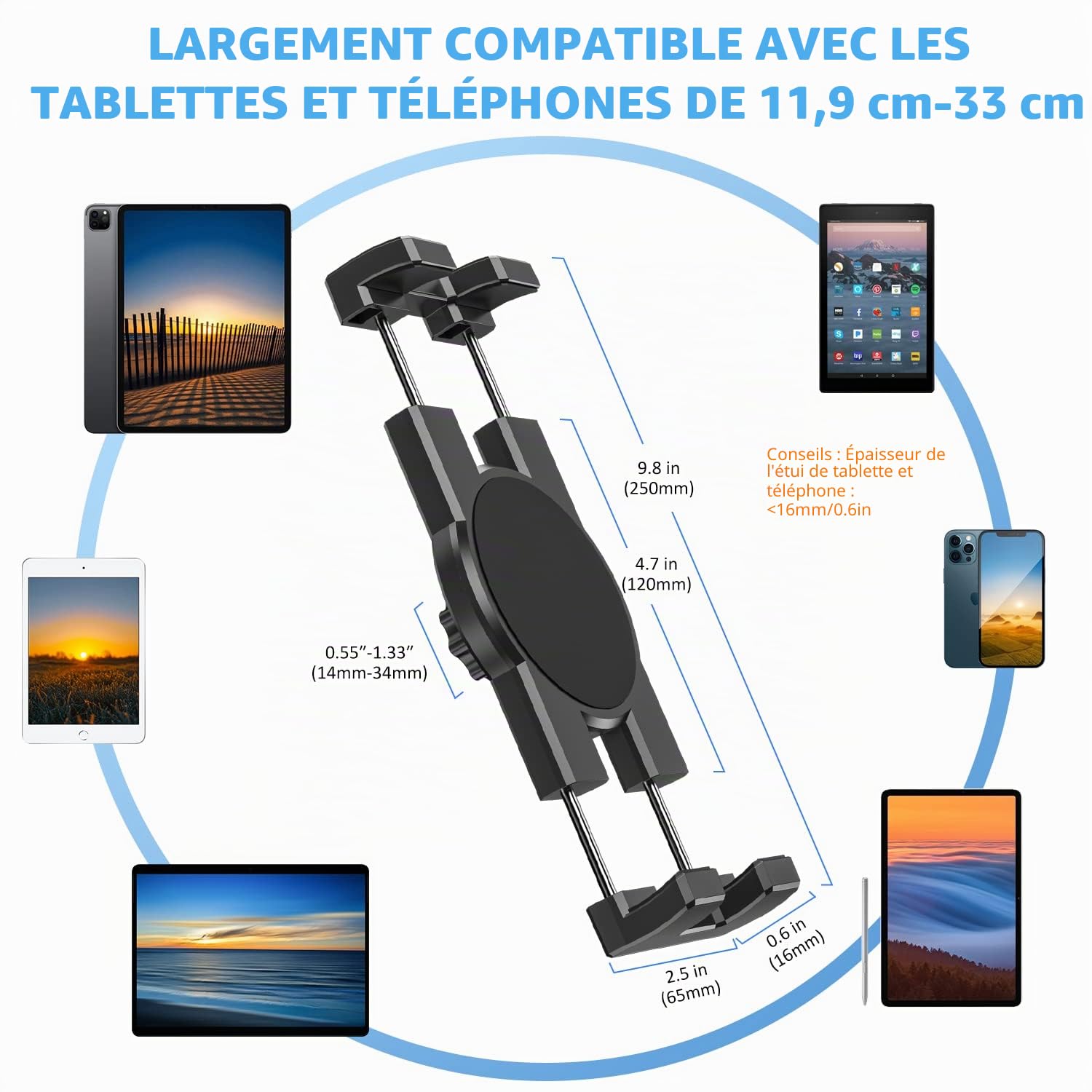 Support de Tablette avec Trépied à 360° pour Téléphone, iPad, 68,6 cm long bras pour webcam, projecteur, caméra pour bureau, pour les appareils de 4,7”-13", iPad Pro 12.9 Air Mini, Galaxy Tabs; Nexus
