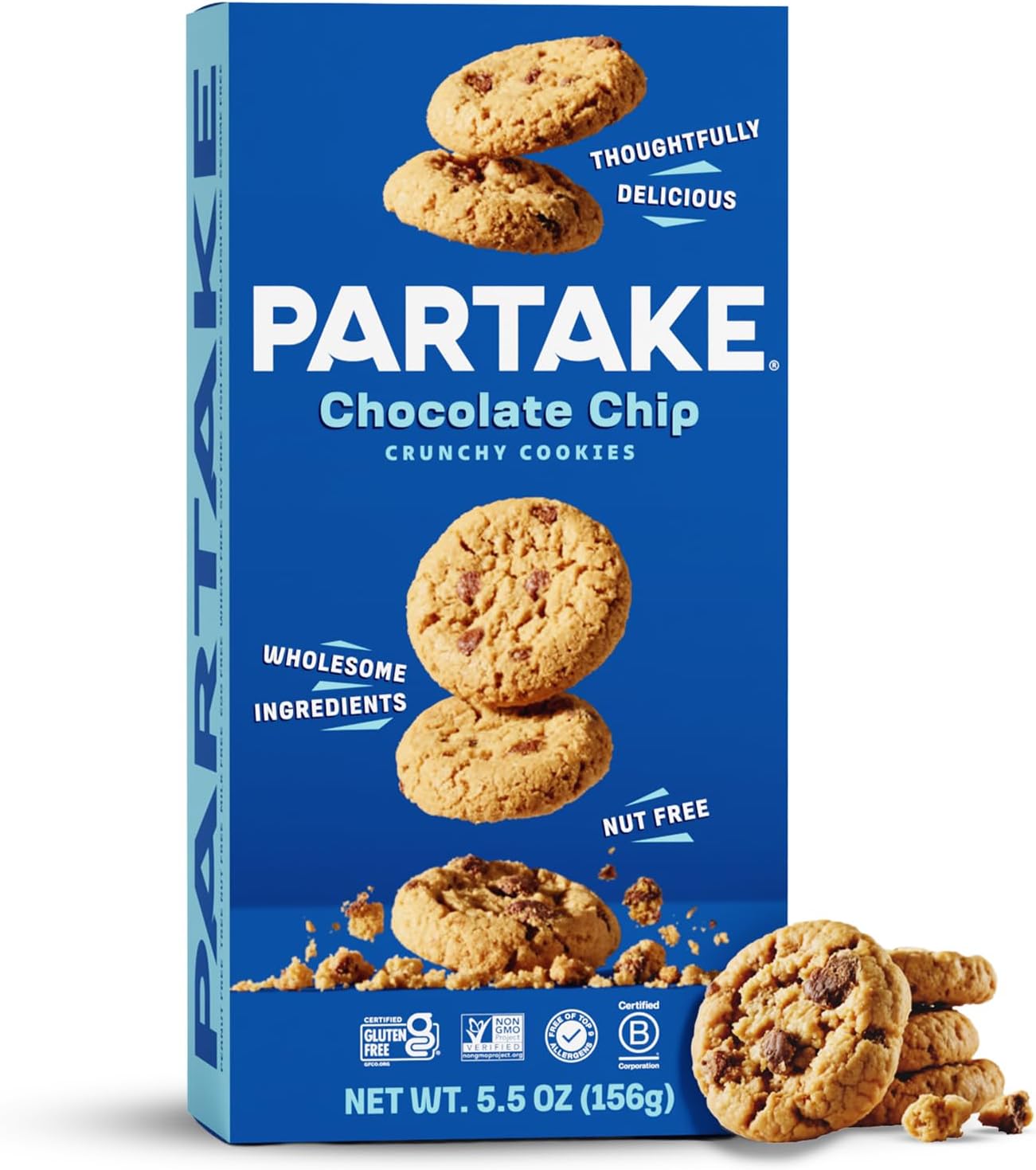 Gluten Free Partake Crunchy Chocolate Chip Cookies - Vegan - Free From the Top 9 Allergens Including Dairy, Wheat, Soy, Eggs, & Peanuts - Non GMO - Safe School & Office Snack (1 Pack, 5.5oz Box)