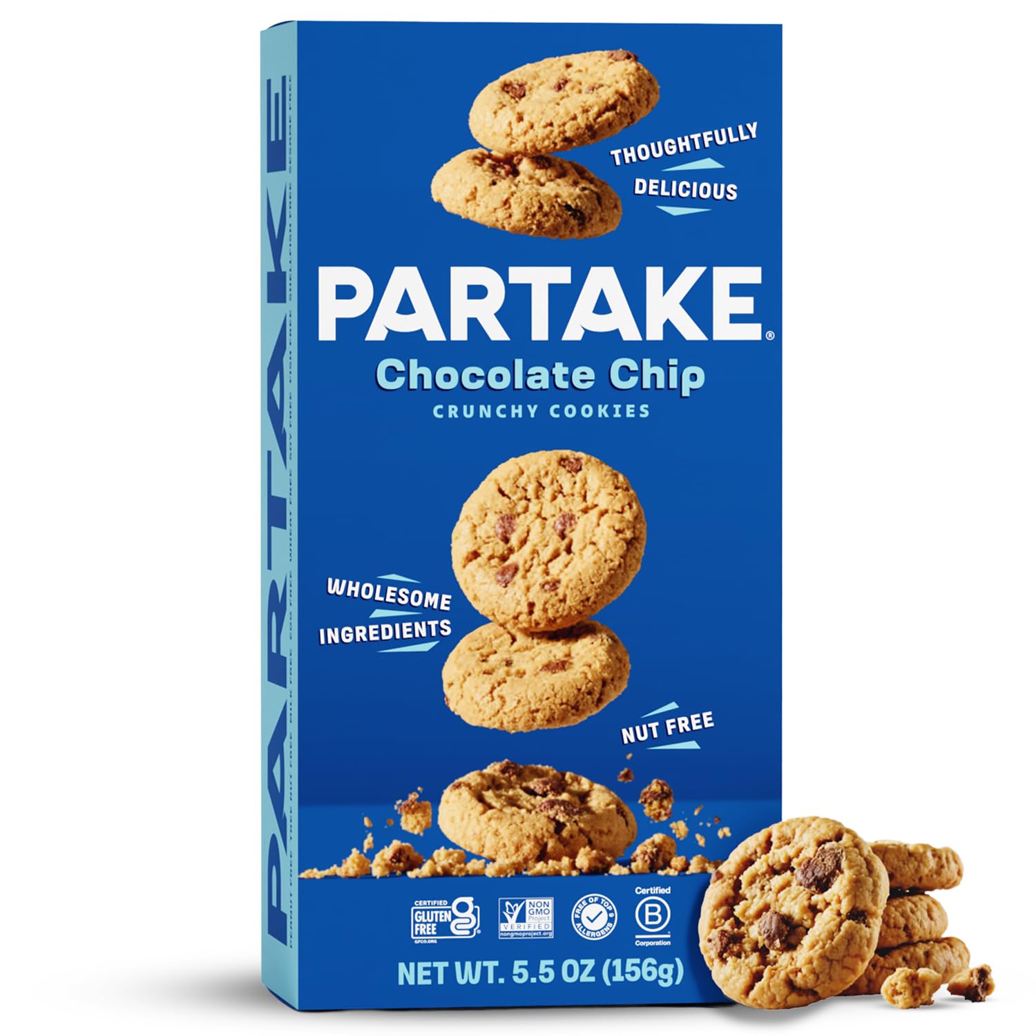 Partake Foods Gluten Free Crunchy Chocolate Chip Cookies - Vegan - Free From the Top 9 Allergens Including Dairy, Wheat, Soy, Eggs, & Peanuts - Non GMO - Safe School & Office Snack (1 Pack, 5.5oz Box)