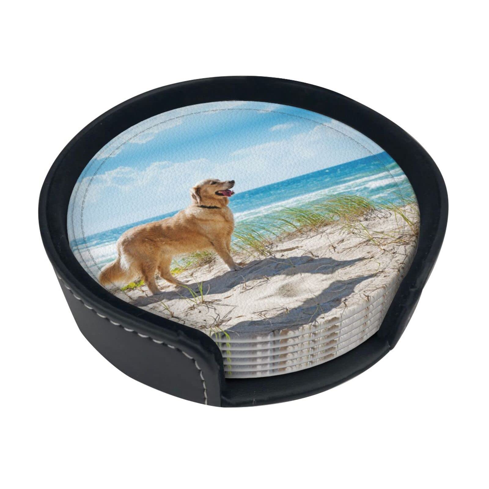 Alteko Golden Retriever Coasters Set Of 6 Print Leather Coasters For Drinks,Home Décor And Housewarming Gift