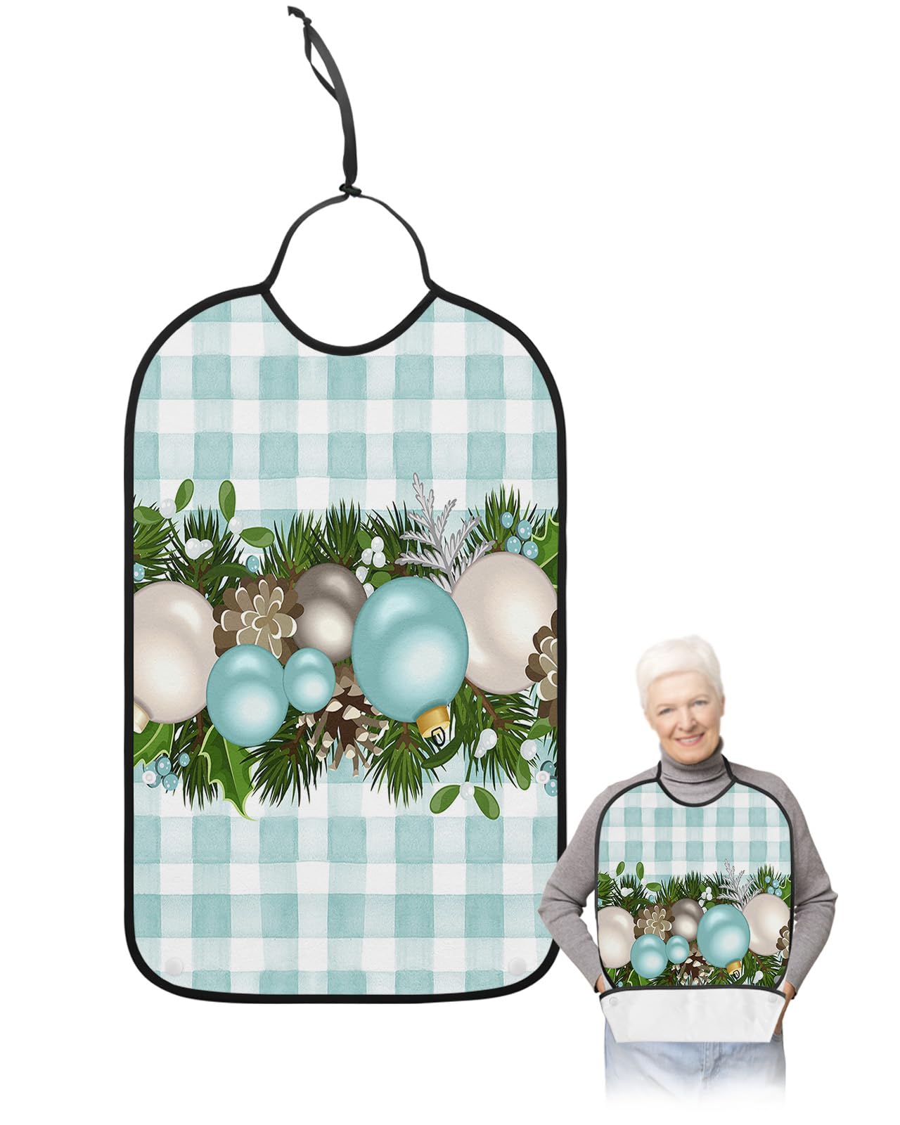 LEOKOTI Christmas Balls Adult Bibs for Eating, Waterproof Bibs with Food Catcher & Adjustable Snap Closure, Xmas Pine Needle Berry Teal Plaid Washable Clothing Protectors Adult Bibs for Elderly