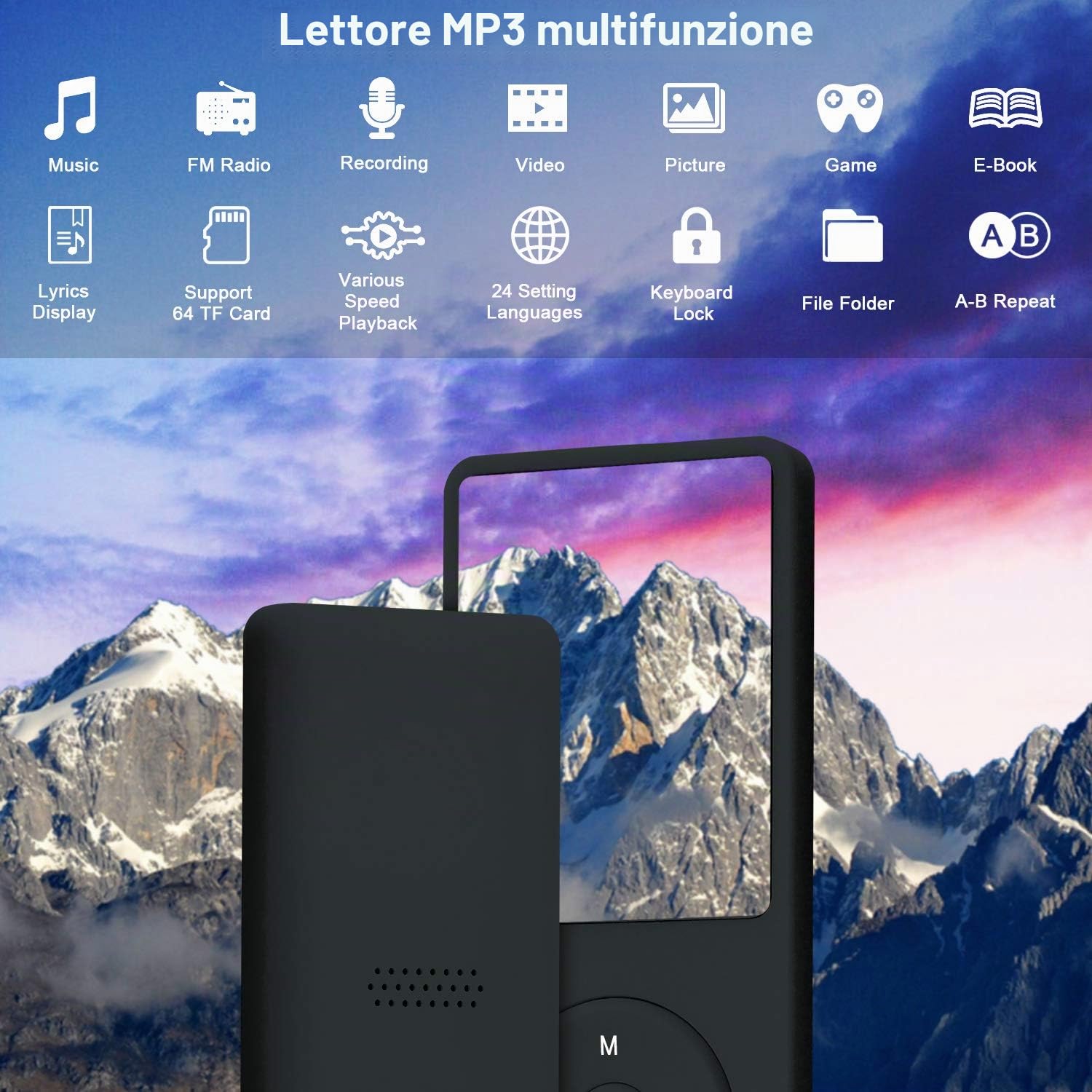 8 GB Lettore musicale MP3 portatile da, supporta schede di memoria SD fino a 64 GB, lettore MP3 HiFi con audio senza perdita, registrazione di musica/video/voce/radio FM(8G,Nero)