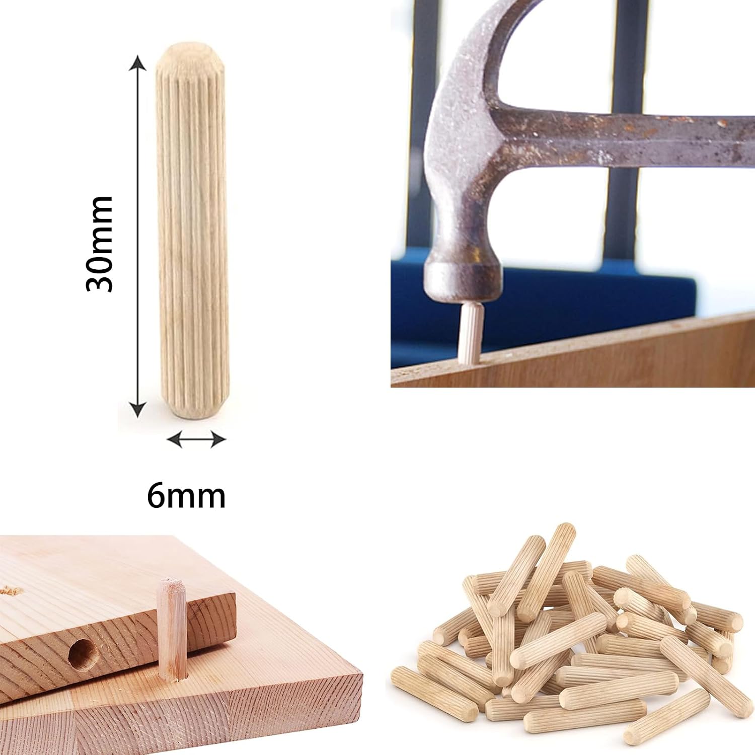 Wood & Wooden Dowel Pins 1/4" x1 1/4" (6mmx30mm) - Fluted Grooved Hardwood Pegs for Woodworking, Craft Projects - 100 Pack by PXBBZDQ