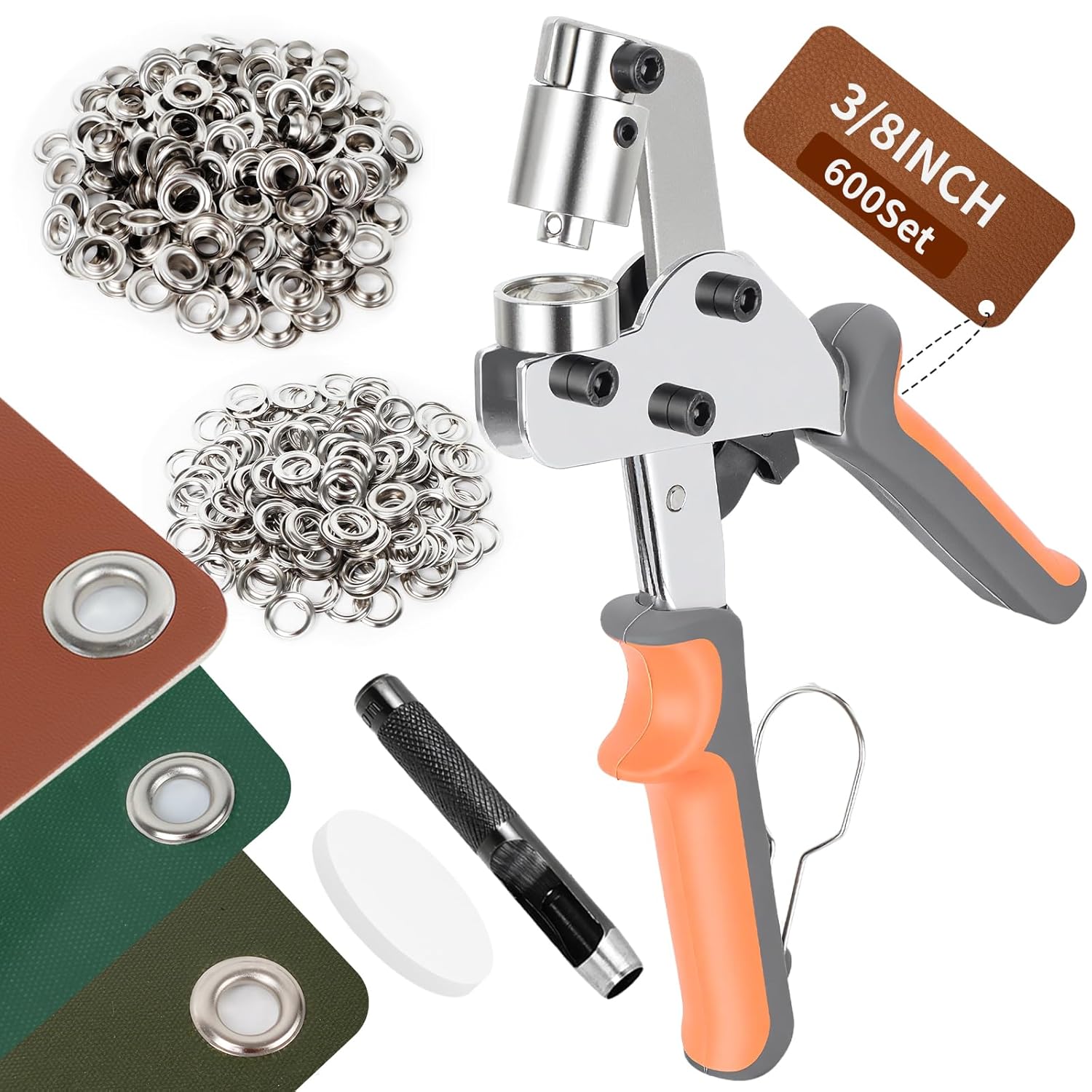 Heavy Duty Grommet Tool Kit - 600 Sets 3/8" Grommets, Manual Press Eyelets Tool with Hole Punch for Tarp Fabric Leather Banner Canvas Tents Vinyl Crafts (3/8" 600Sets - Silver & Gold)