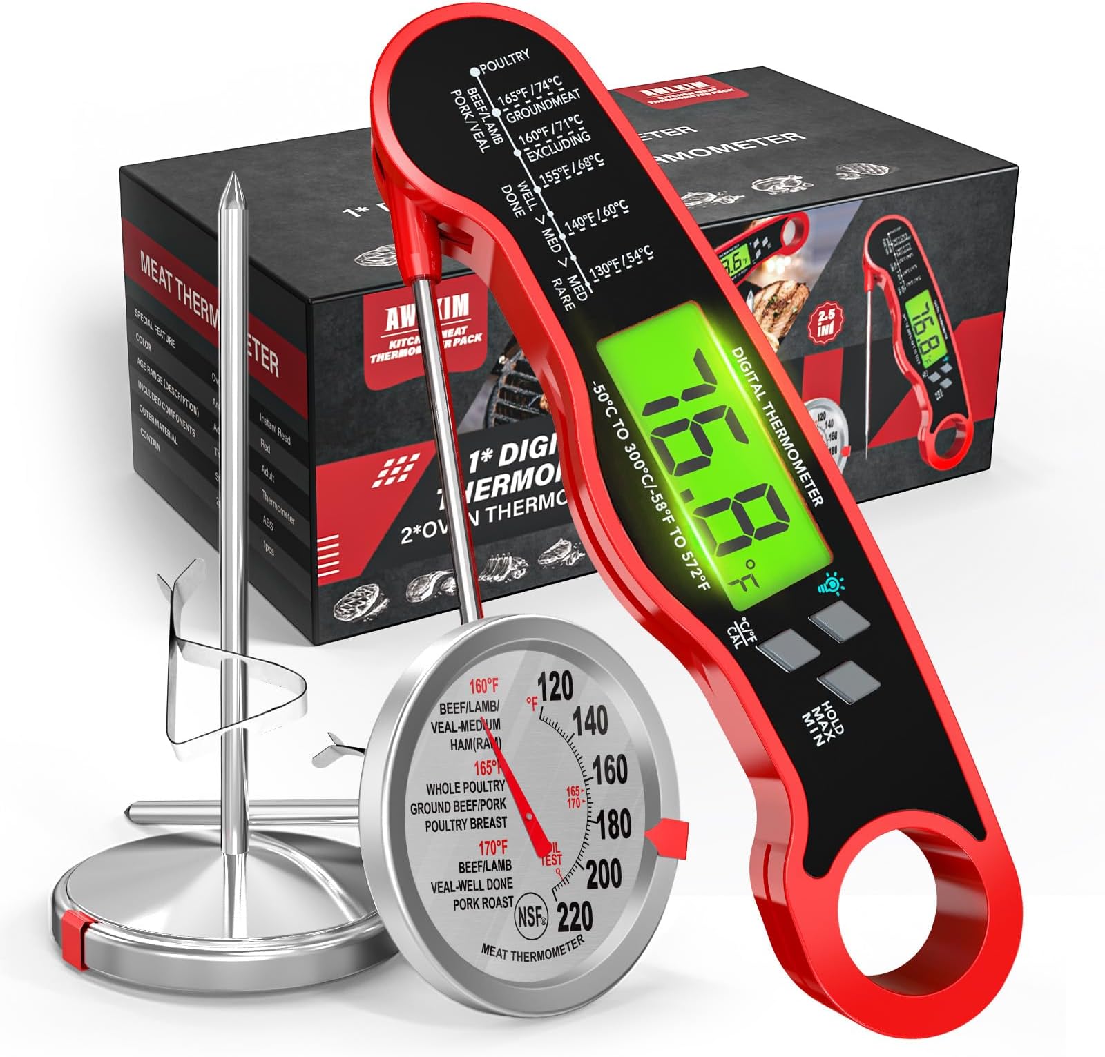 AWLKIM® 3 Pack Meat Thermometer for Cooking - 1 Pack Instant Read Digital Food Thermometer ＆ 2 Pack 2.5-in Extra-Large Dial Stainless Steel Kitchen Oven Meat Thermometers (Safe Leave in Oven)