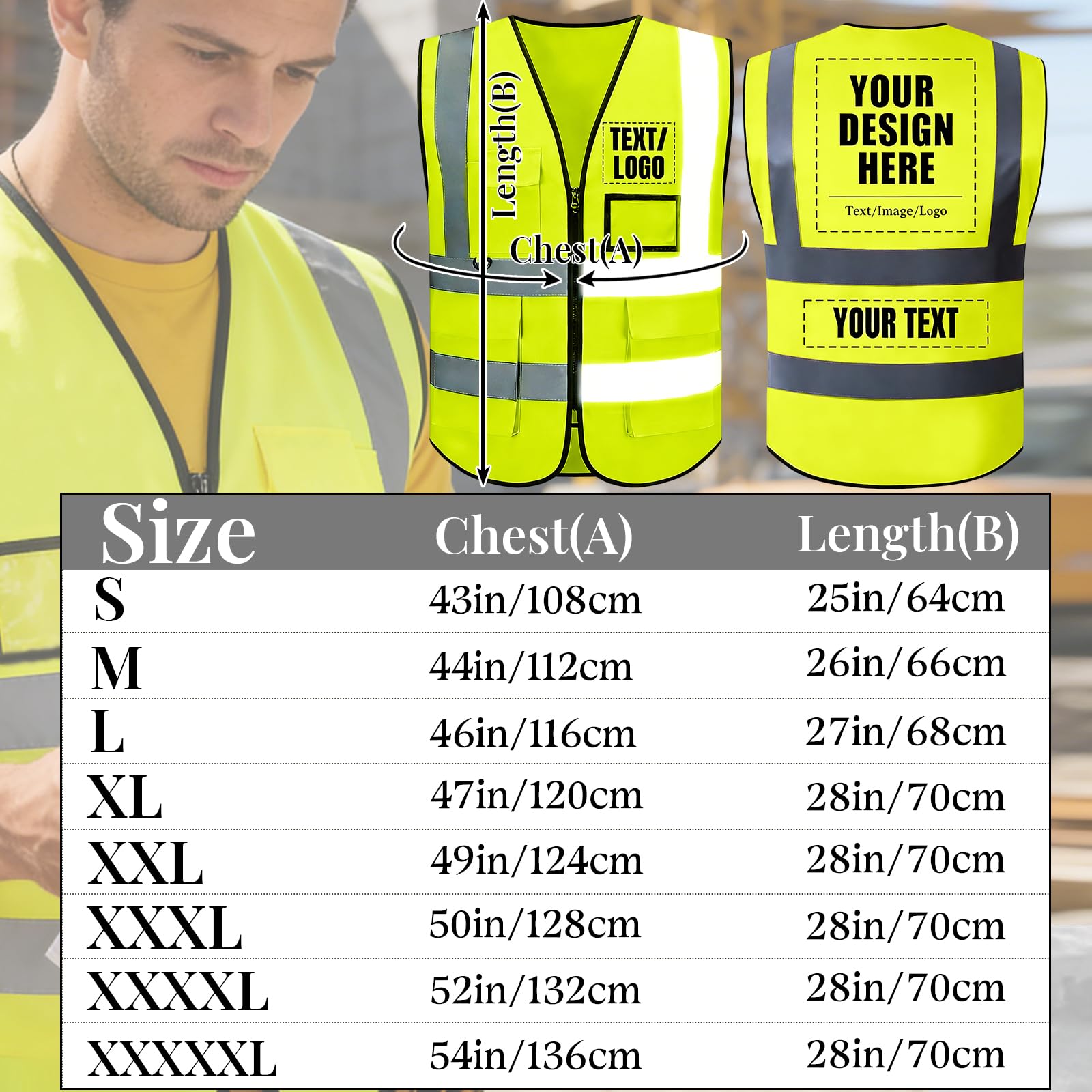 Chalecos de seguridad reflectantes personalizados: chalecos de trabajo de malla de alta visibilidad personalizados con logotipo y texto, pedidos a granel de 5 a 2000 unidades