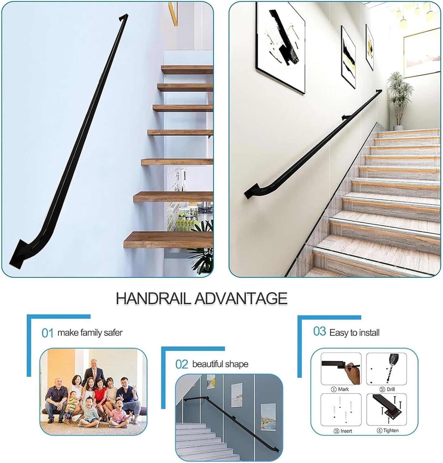 Modern Stair Handrail Grab Bar Kit 1ft-20ft, Sturdy Safety Staircase Handrails, Heavy Duty Industrial Iron Railing Pipe Handrail for Indoor & Outdoor Staircase Steps Safety Handle/Easy to in
