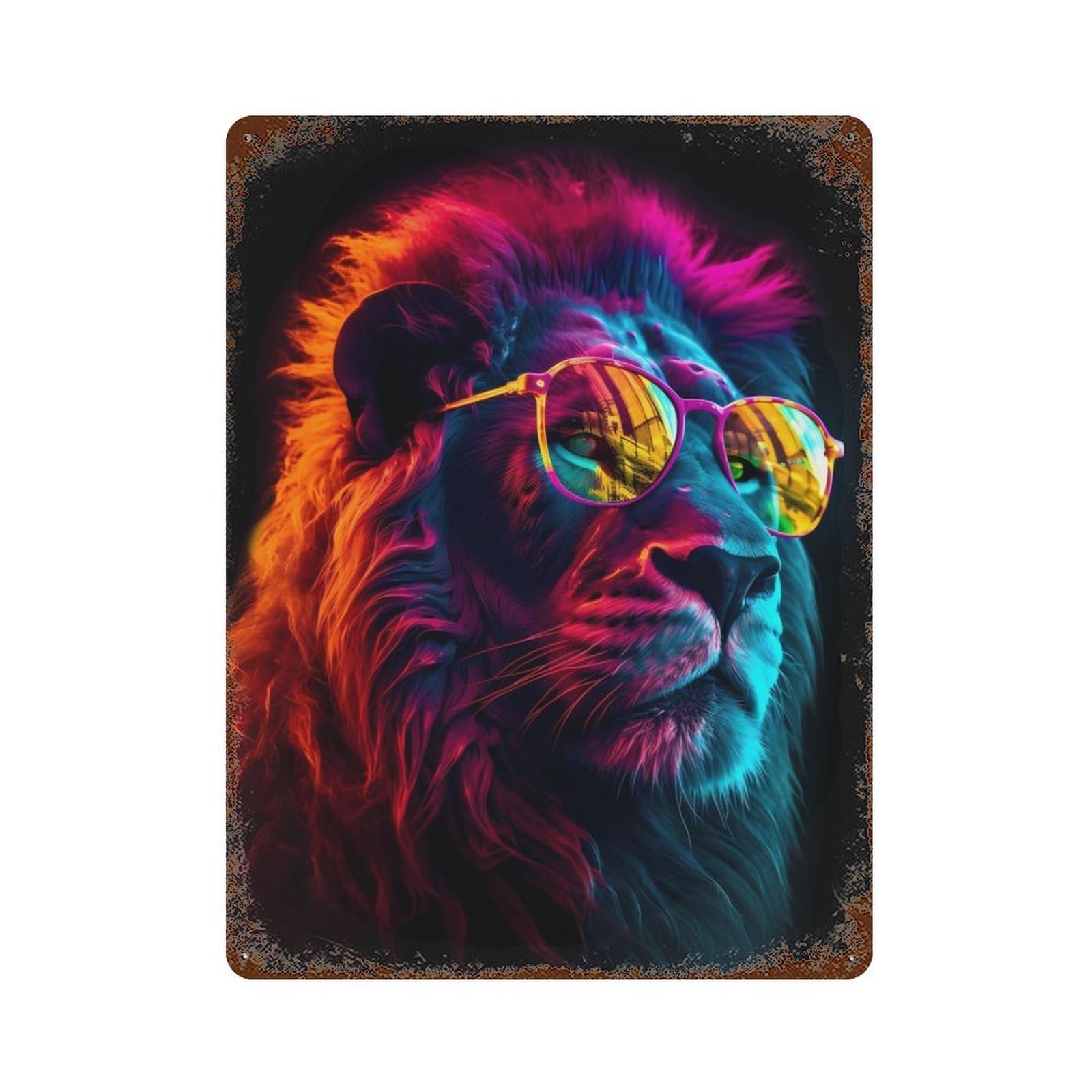 Vintage Rust Metal Sign with Lion Neon Sunglasses Design 15.7"x11.8", for Garage, Bar And Workshop Decor, Retro Wall Decor