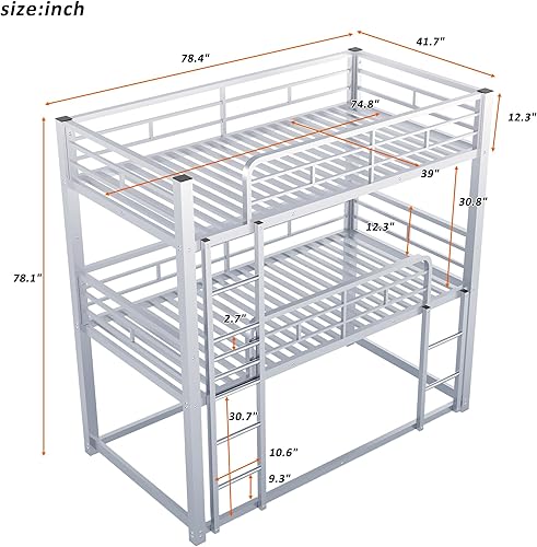 Miniatura 242 de Litera en forma de L individual sobre cama matrimonial adjunta, litera triple de metal con escritorio y tobogán integrados, marco de literas de