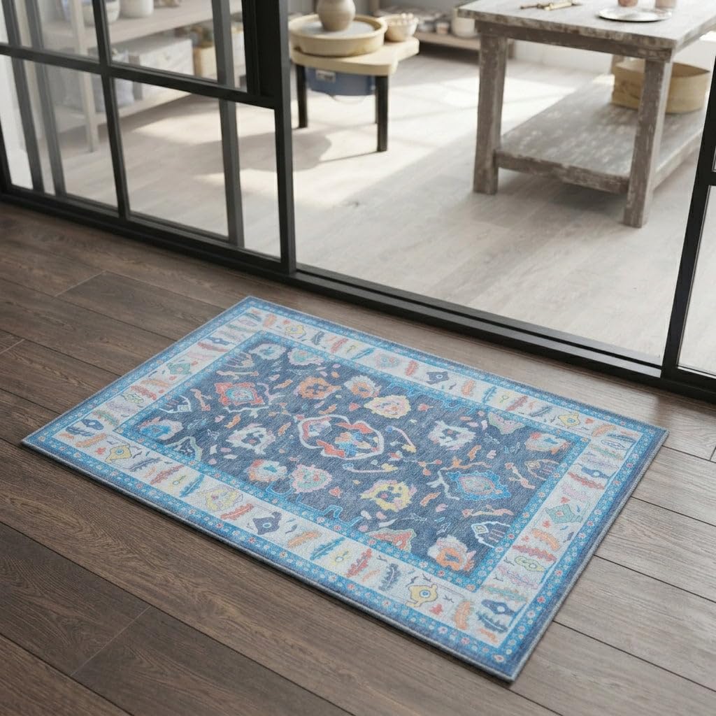 Fame Rugs Blue Modern Oushak Rug 3x5, Washable Vintage Turkish Colorful Oriental Antique Inspired Foldable Small Area Rugs, Luxury Living Room Bedroom (387BNB, 2'6" x 5')