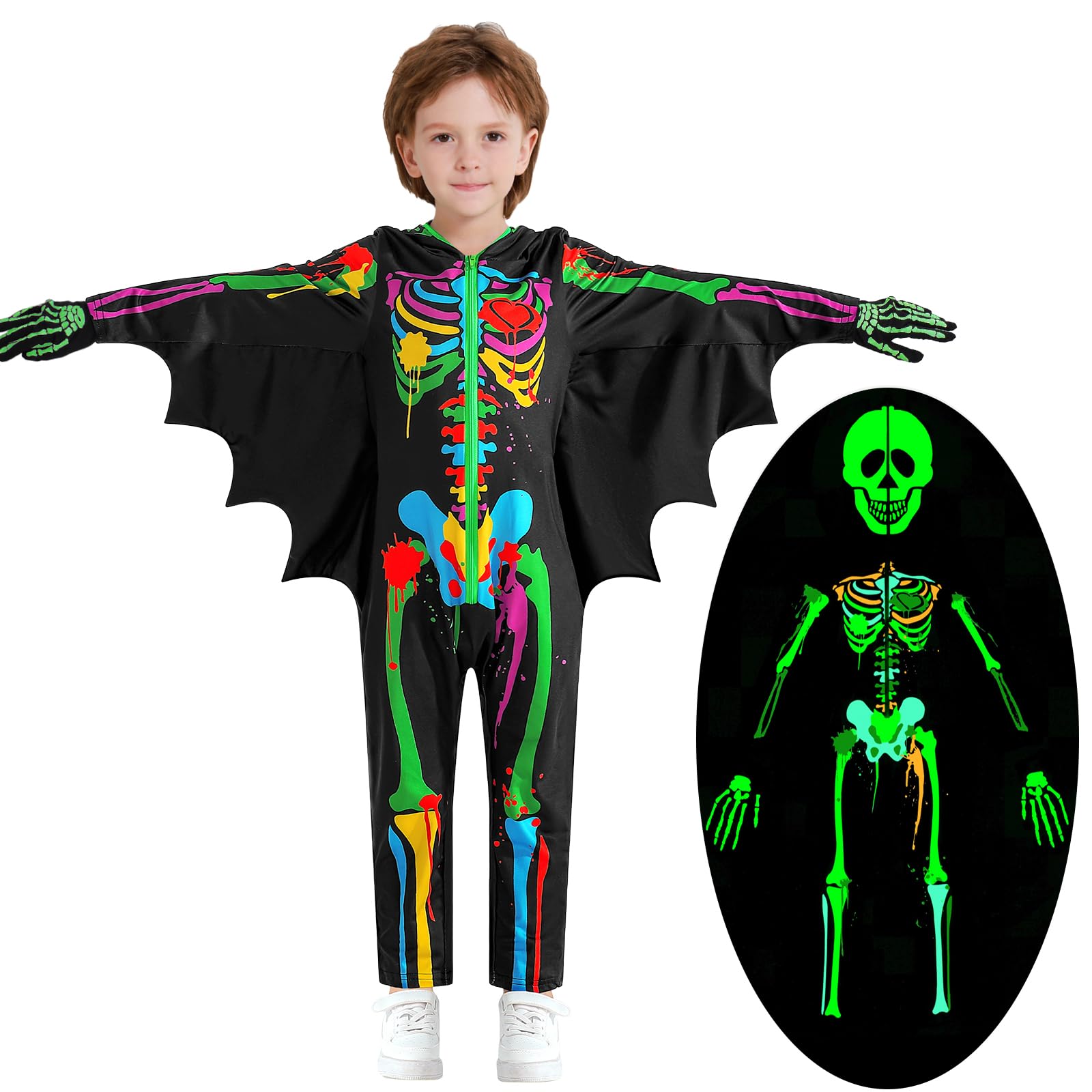 Miyanuby Kids Halloween Skeleton Fancy Dress Toddler Glow in The Dark Luminous Costume Skull Bone Bat Jumpsuit Boys Girls Scary Cosplay Bodysuit with Gloves for 3-10T