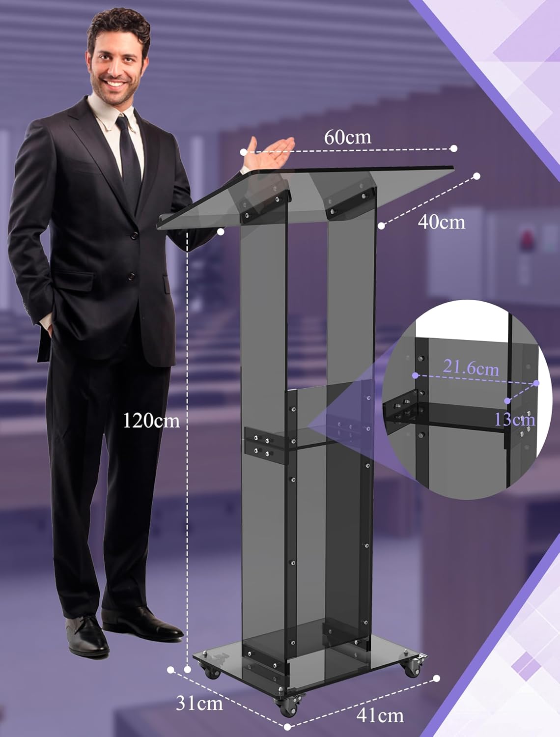 Acrylic Podium Stand with Lockable Wheels, 47" Black Podium Lectern Floor Standing Speaking Podium Modern Church Pulpit with Storage Shelf for Office Wedding School Speech Concert