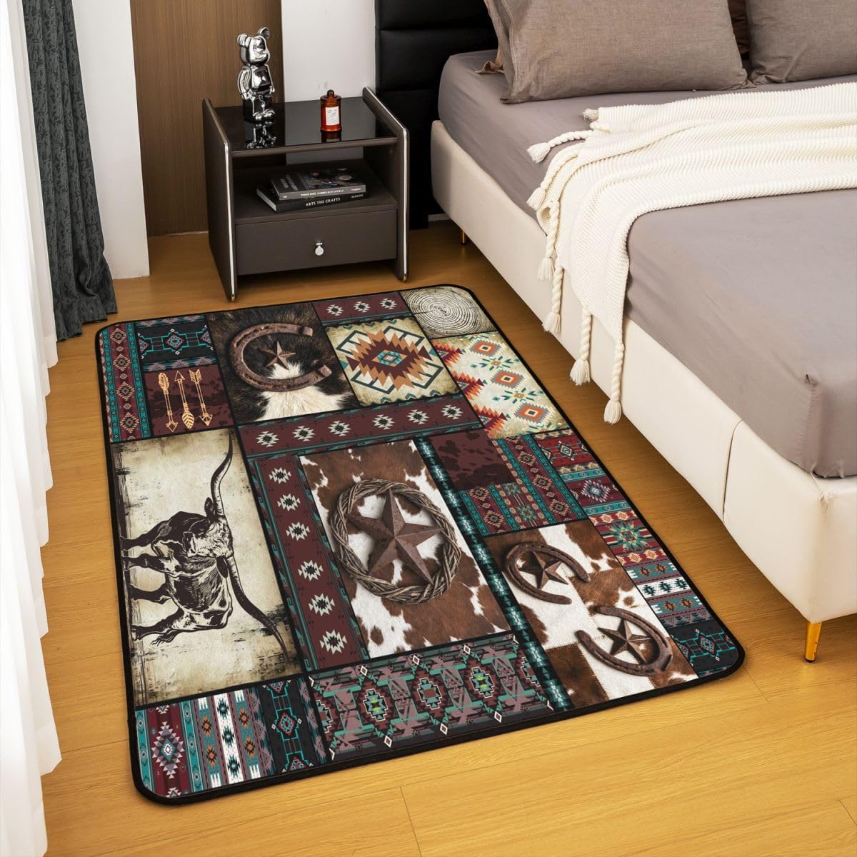Feelyou Western Cowboy Area Rug 3x5 Rustic Southwestern Plaid Living Room Rugs for Kids Boys Girls Bedroom Texas Star Print Highland Cow Carpet with Non-Slip Backing Indoor Floor Mat Soft Polyester