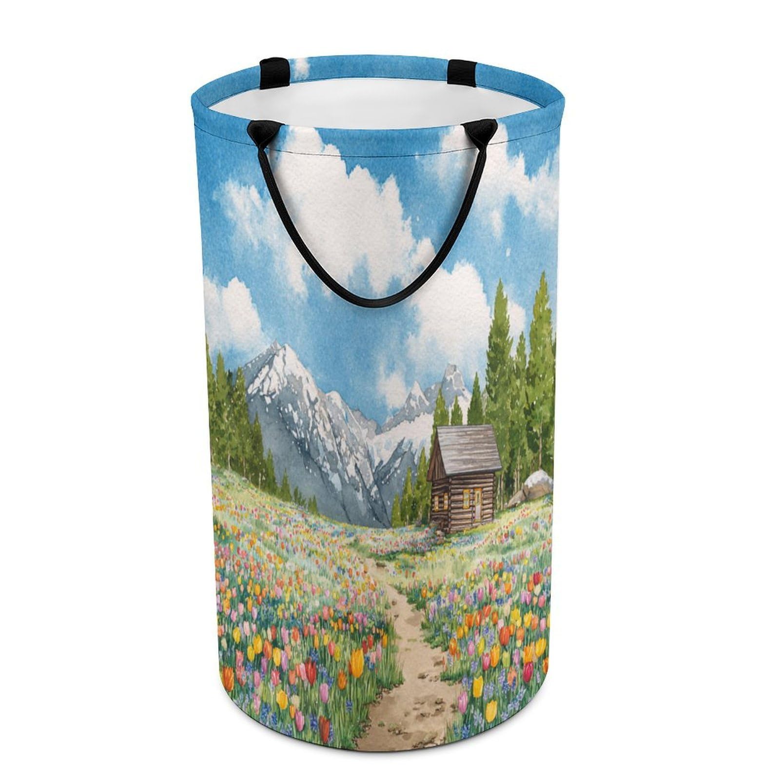 LUYYSKY Rustic Fantasy Flower Field Versatile Storage Laundry Basket, Modern Classic Spring Mountain Farm Barn Log Cabin Tulip Floral Large Capacity Bathroom Hamper With Handle
