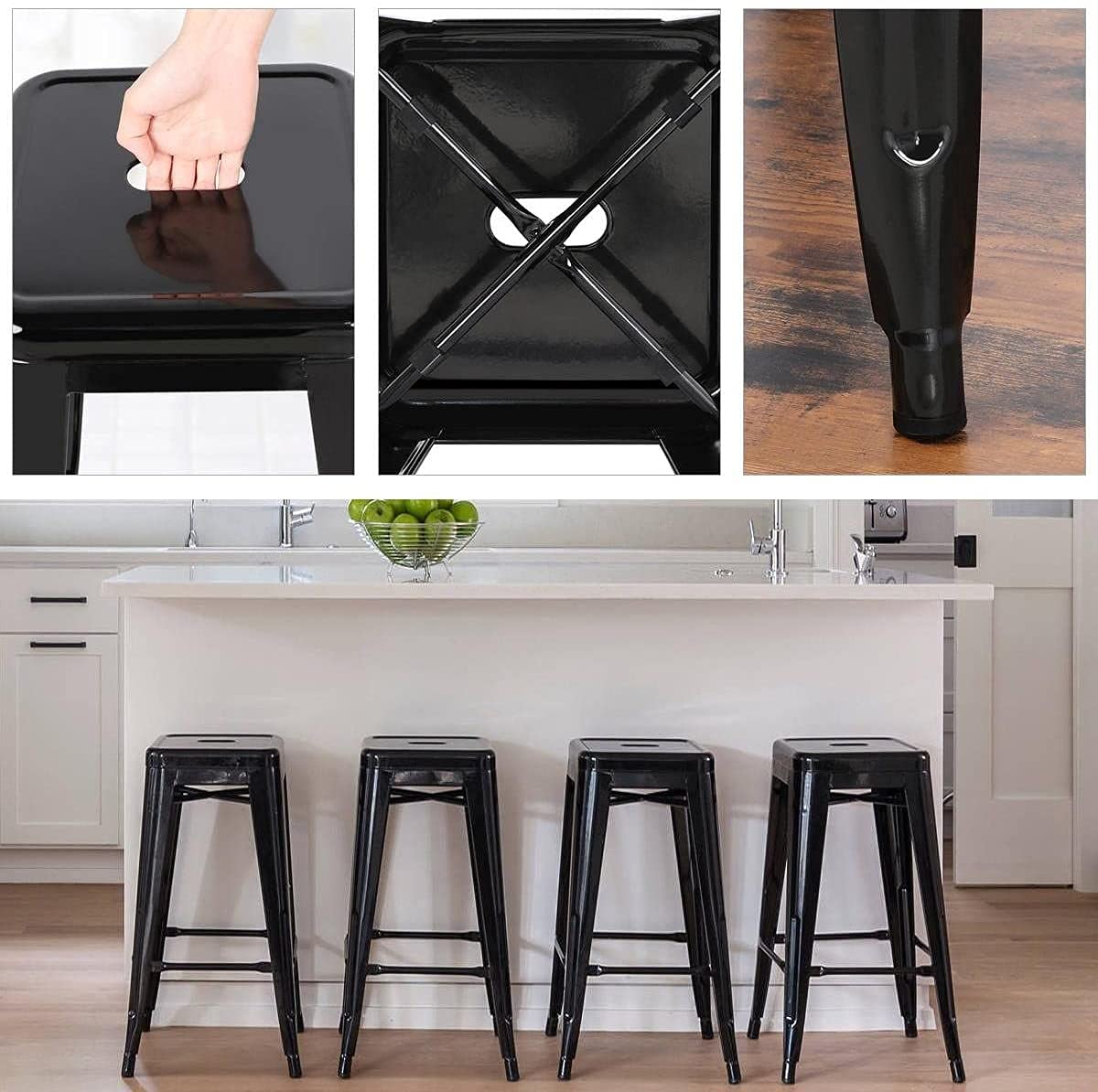 Kosmi Lot de 4 tabourets de Bar en métal Noir Brillant, Hauteur 66 cm | Empilables, léger et robustes