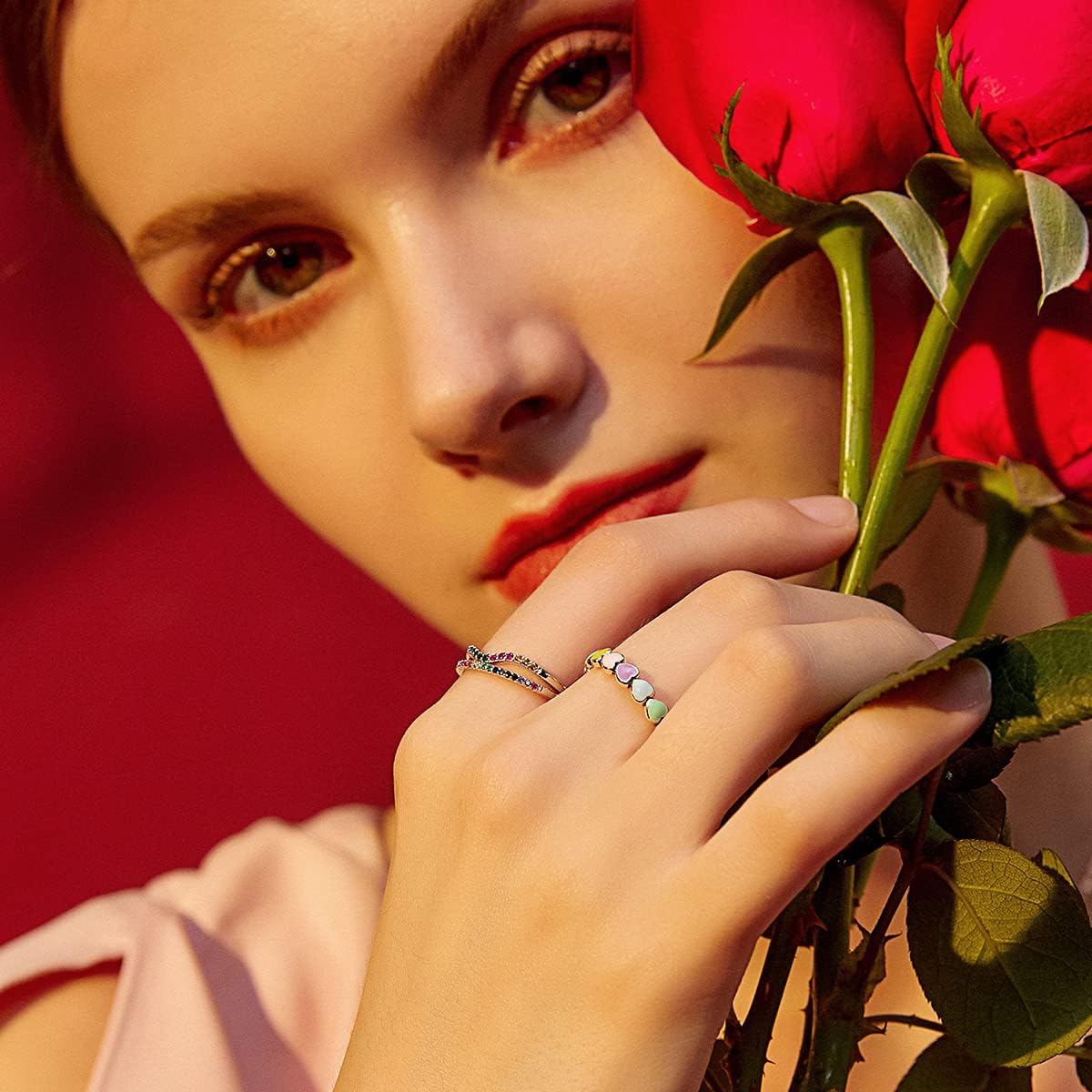 925 Sterling Silver Rainbow Heart Rings for Women Teen Girls Hypoallergenic Dainty Colorful Heart Finger Rings Promise Ring for Her Birthday Valentine's Day Christmas Gifts - Image 2