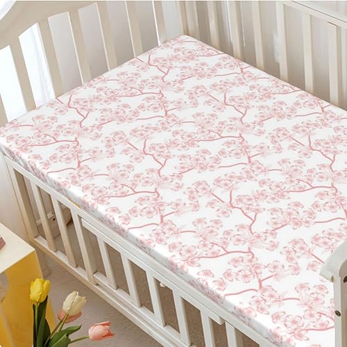 Miniatura 3 de Sábana bajera ajustable para cuna pequeña con temática de flor de cerezo, material ultrasuave, sábana de bebé para niños y niñas, coral blanco, 24 x