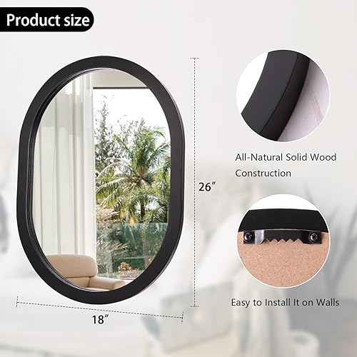 Miniatura 2 de Espejo de pared grande para baño, espejo ovalado de 26 x 18 pulgadas, con marco de madera negra, espejo de tocador decorativo para montar en la pared