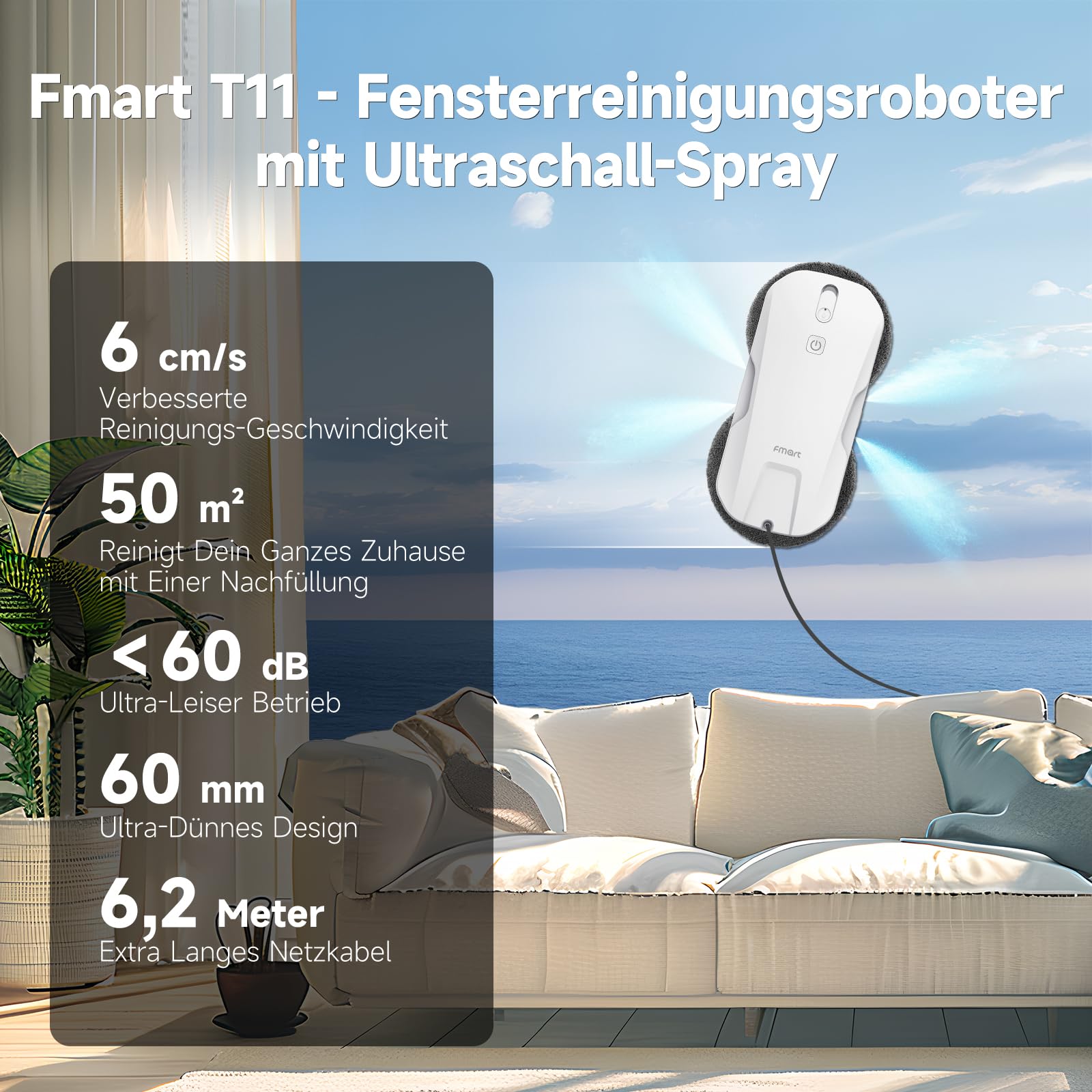 Fmart T11 Robot nettoyeur de vitres avec 10 chiffons, système de pulvérisation automatique à quatre voies avec triple système de sécurité, navigation intelligente, télécommande, pour toutes les