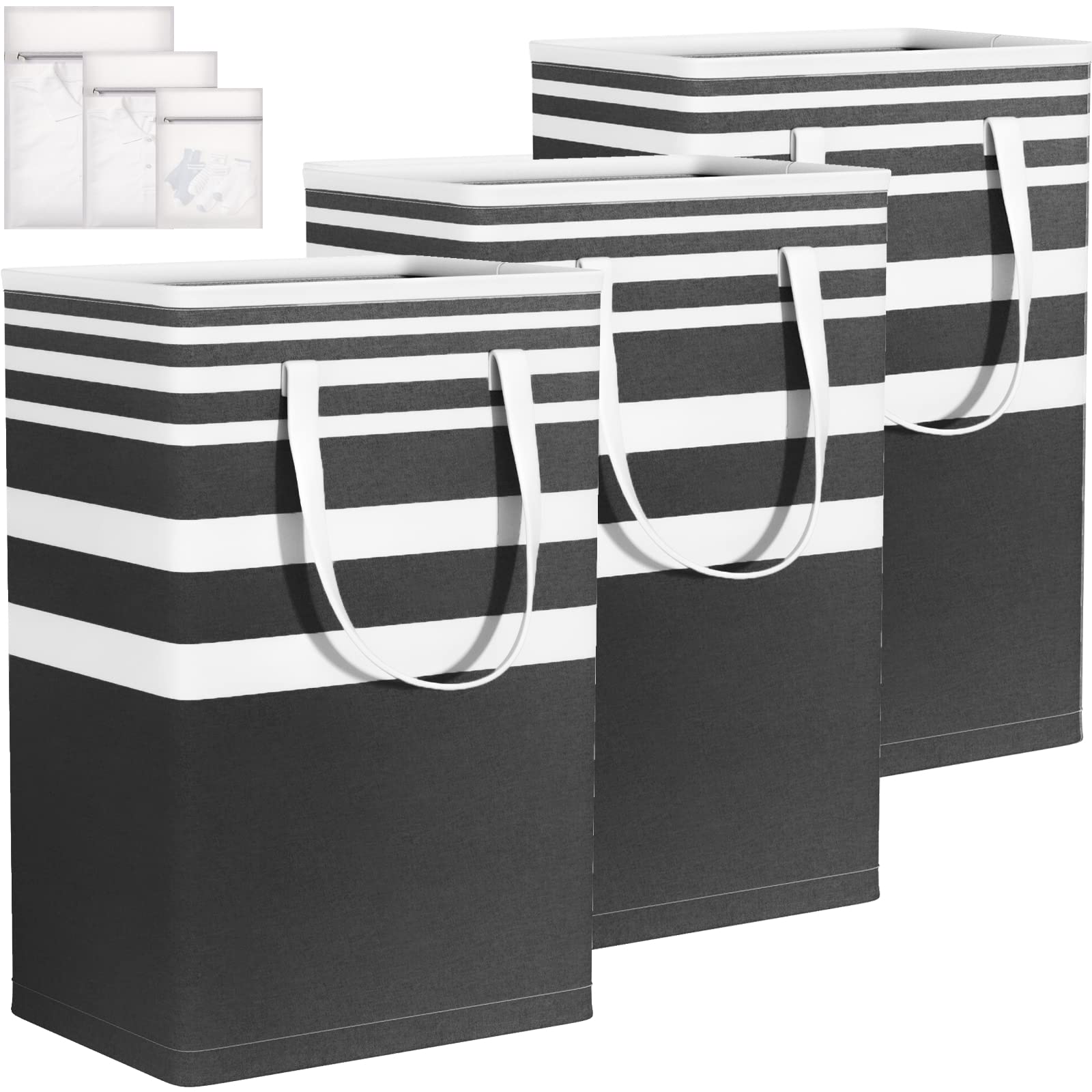 Laundry Basket, 3-Pack 75L Waterproof Laundry Hamper, Collapsible Laundry Bag with Extended Handles, Laundry Baskets for Laundry Clothes Toys, Family Dorm Room Essentials (Black)