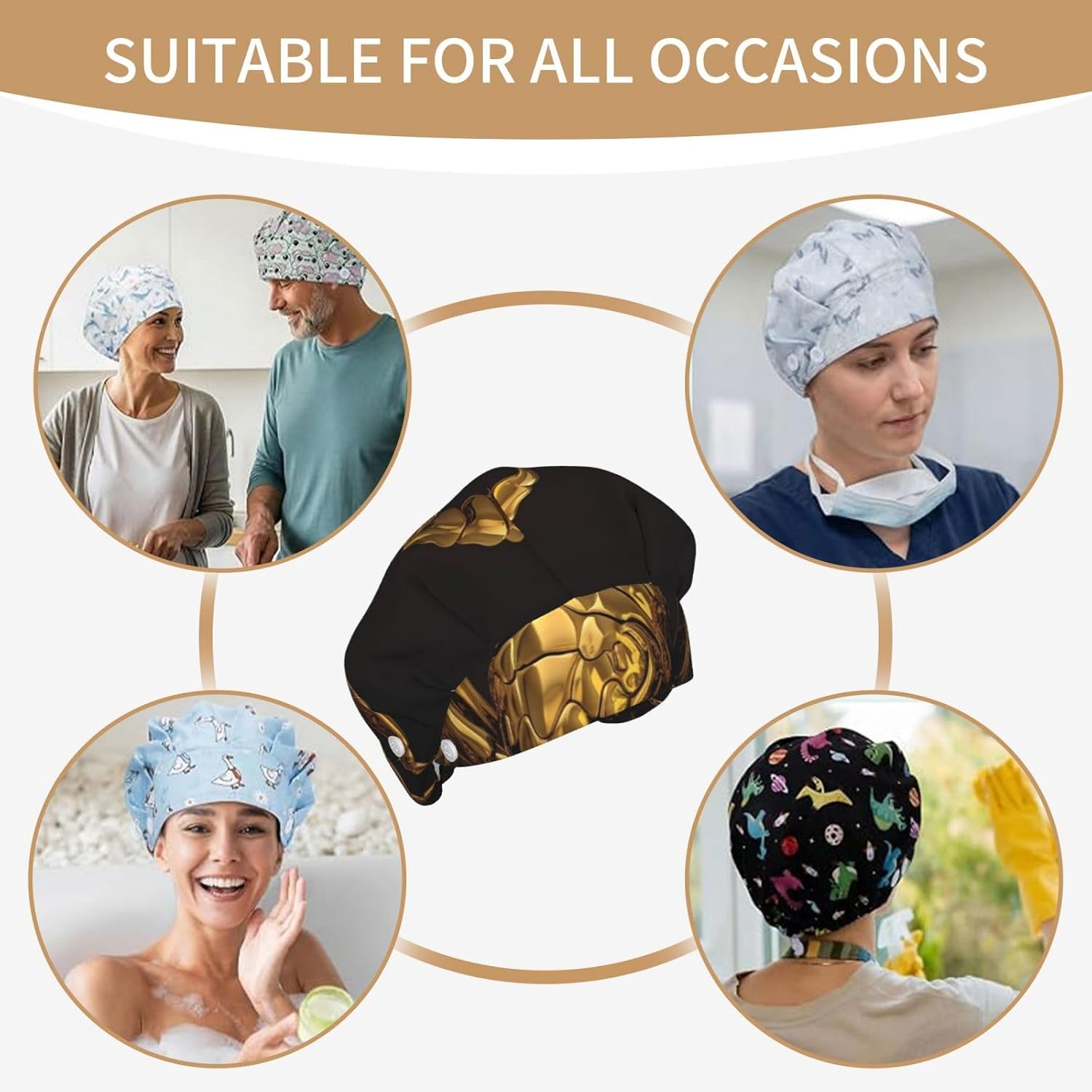 Gold Scorpion Bouffant Cap with Buttons, Sweatband Cap