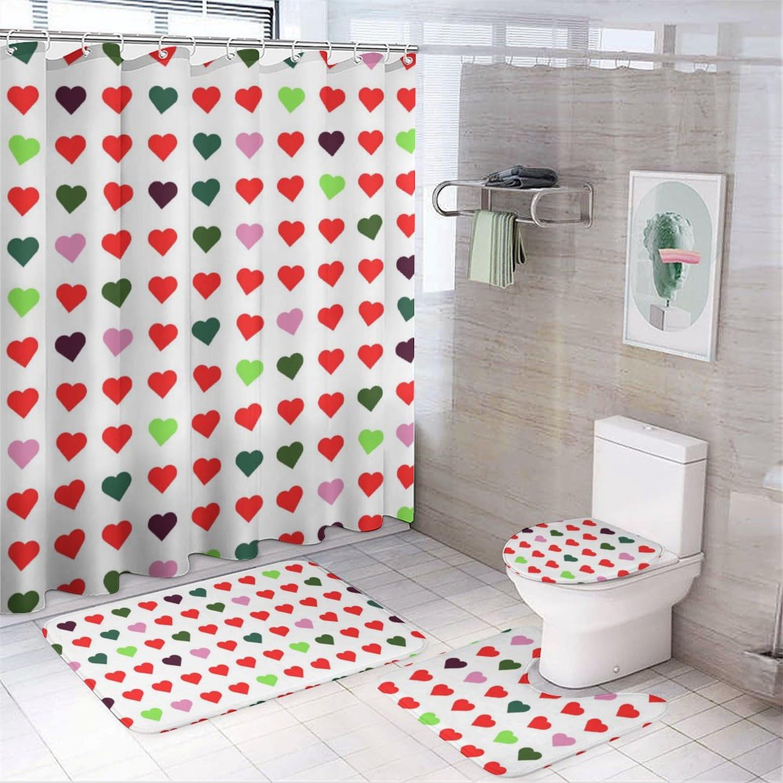 Cortina de ducha con alfombra antideslizante Love Wall Hearts para baños familiares